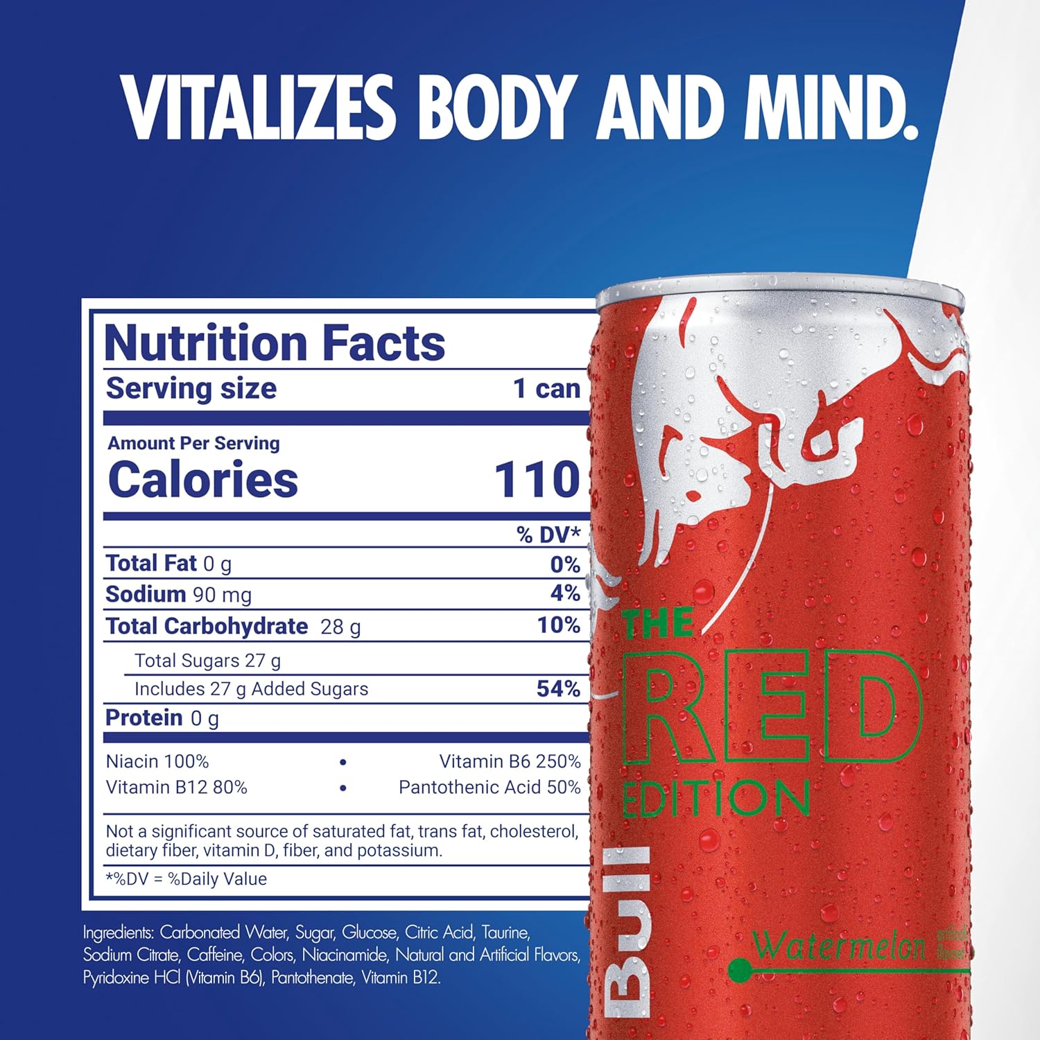 2025 Red Edition Energy Drink, Watermelon, with 80mg Caffeine plus Taurine & B Vitamins, 8.4 Fl Oz, Pack of 24 Cans