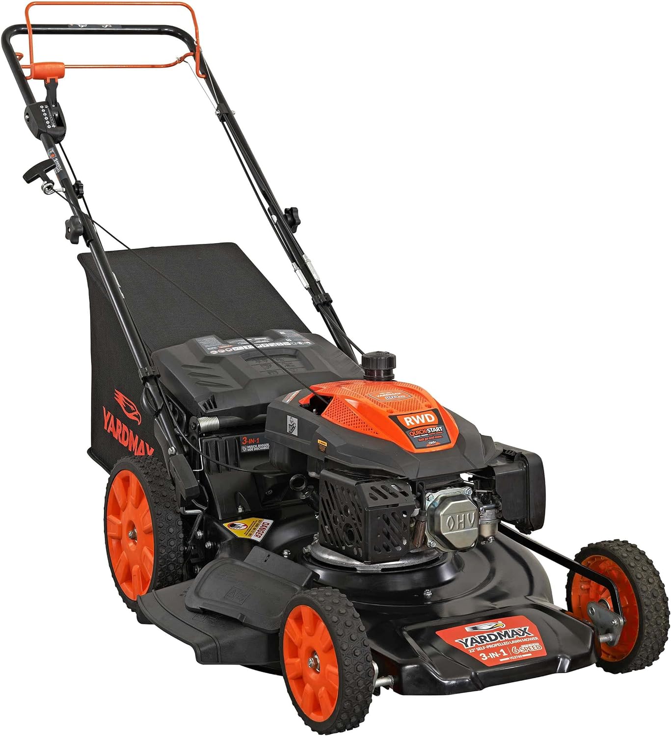 2025 22′′ Gas Self Propelled Lawn Mower, 201cc, 6-Speed CVT, High Wheel RWD, 3-in-1, Black
