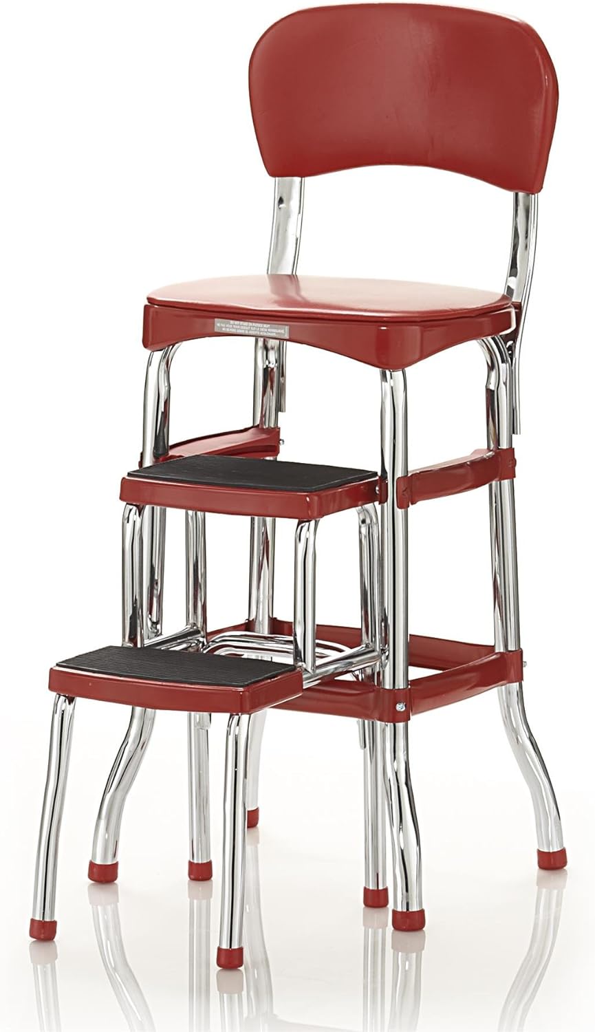 2025 Stylaire Retro Chair + 2-Step Step Stool with Pull-Out Steps, 7 Ft. 11in Max Reach, 200 lb Weight Capacity, Steel and Vinyl (Red, one pack)