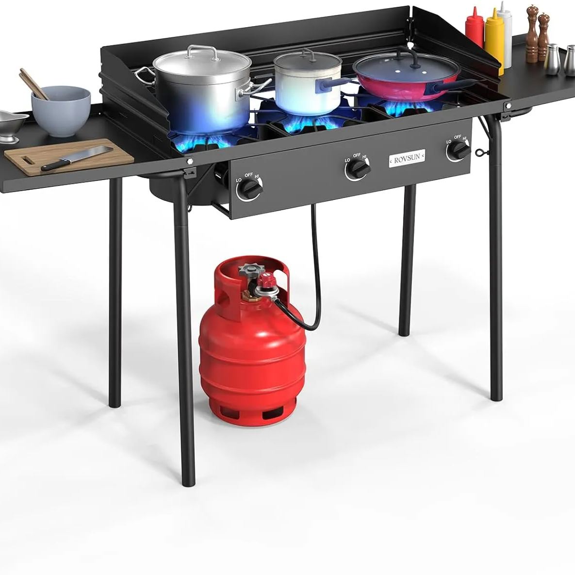 2025 3 Burner Gas Stove with 2 Side Shelves with Removable Leg Wind Panel Regulator