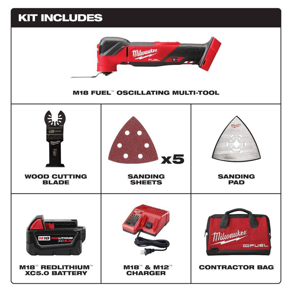 2025 2836-21 M18 FUEL 18V Lithium-Ion Cordless Brushless Oscillating Multi-Tool Kit with one 5.0 Ah Battery, Charger and Tool Bag