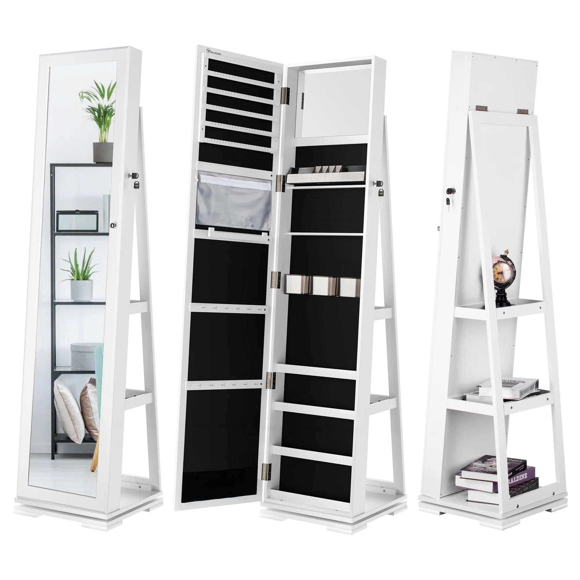 2025 Mirror Jewelry Cabinet 360° Rotating Jewelry Armoire Storage Box w/ Full Length Mirror Jewelry Organizer – White