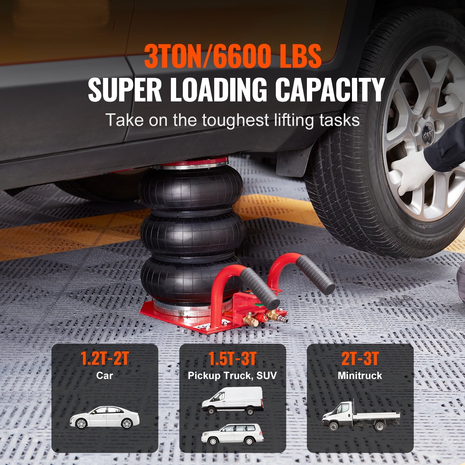 2025 Air Jack, 3 Ton/6600 lbs Triple Bag Air Jack, Airbag Jack with Six Steel Pipes, Lift up to 17.7 inch/450 mm, 3-5 s Fast Lifting Pneumatic Jack, with Short Handles for Cars, Garages, Repair