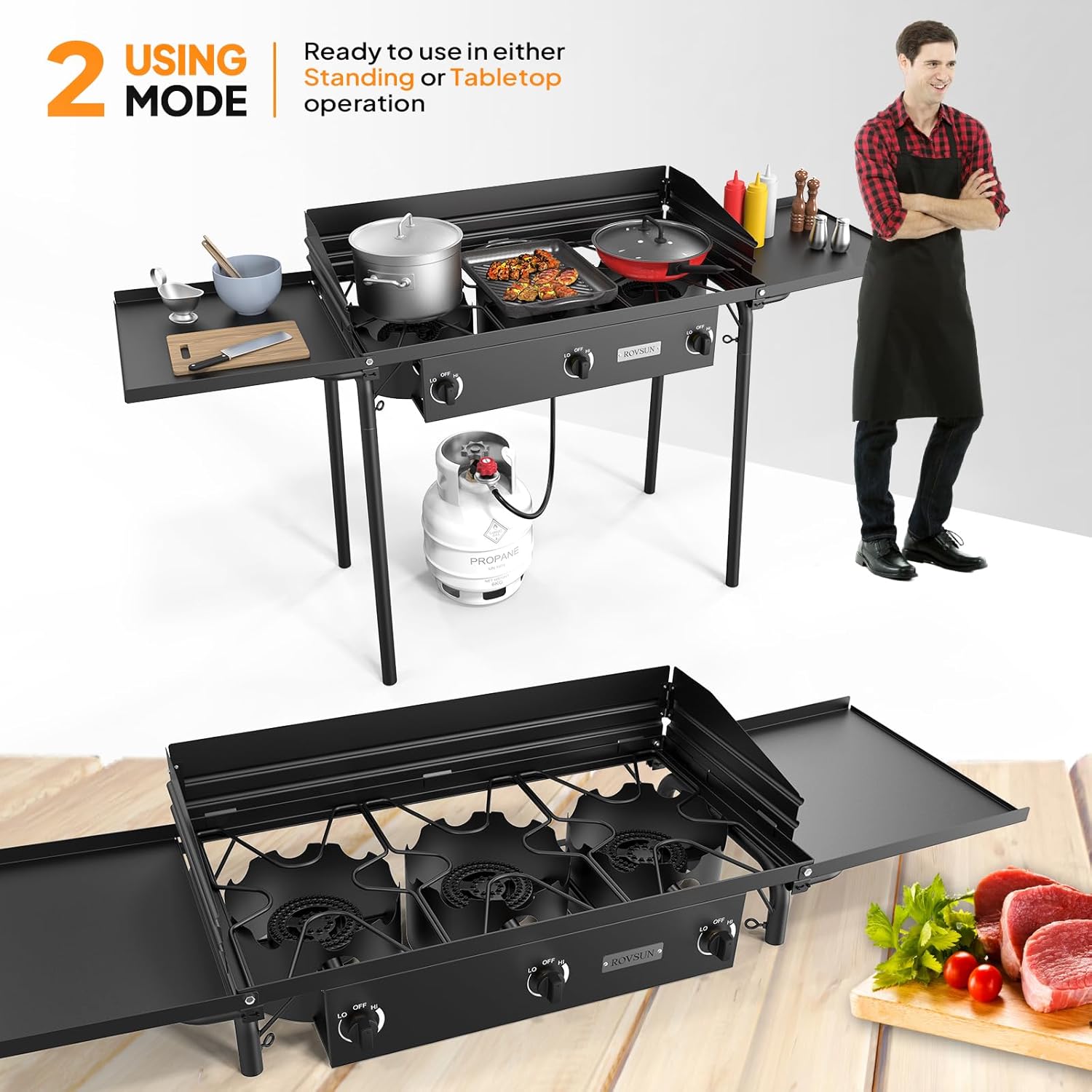 2025 3 Burner Gas Stove with 2 Side Shelves with Removable Leg Wind Panel Regulator