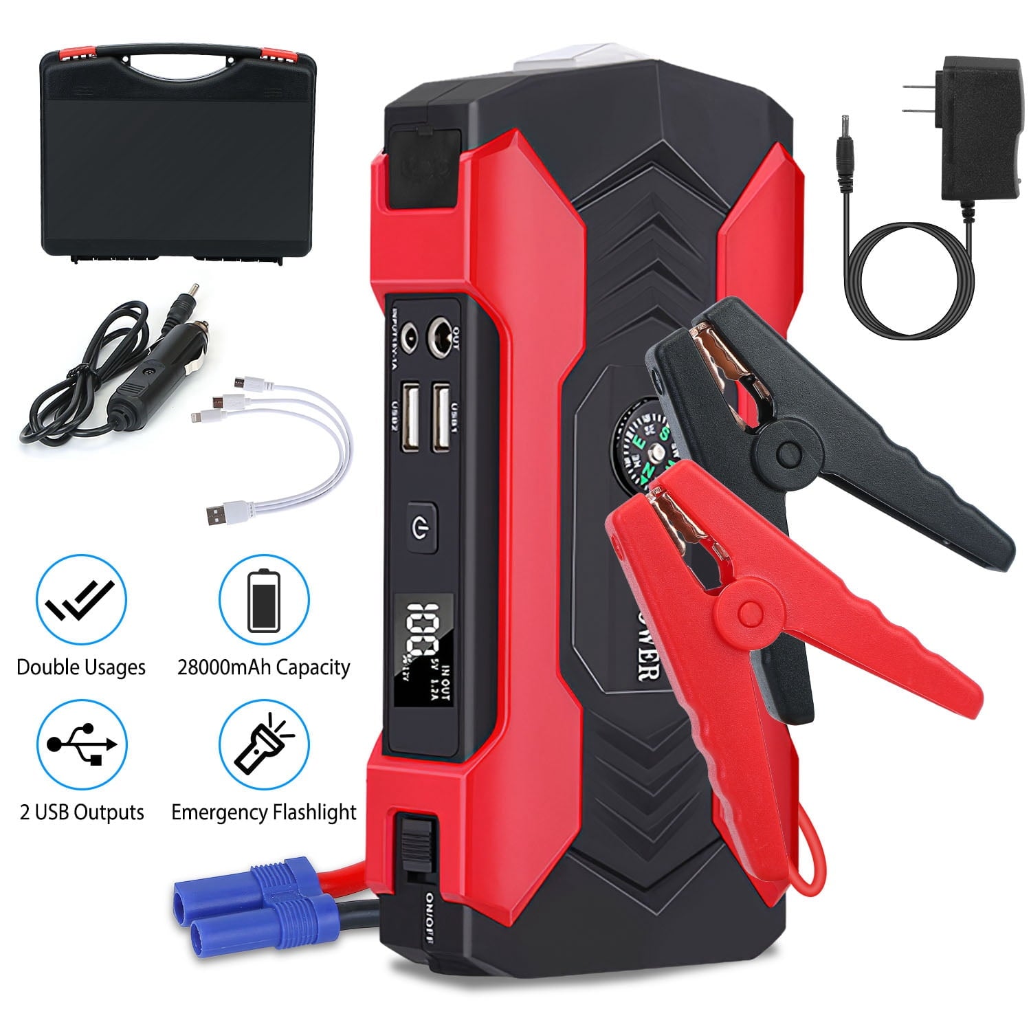 2025 20000mAh Car Battery Jump Starter 1000A Battery Charger with Safe Smart Clamps LED Flashlight