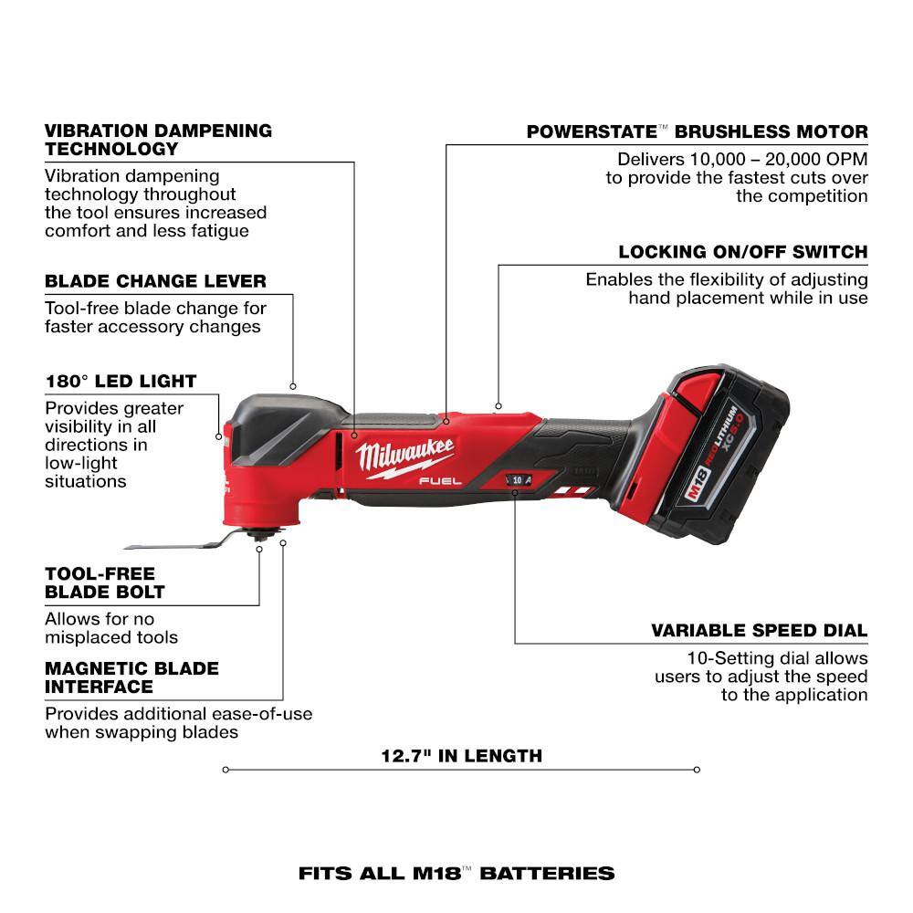 2025 2836-21 M18 FUEL 18V Lithium-Ion Cordless Brushless Oscillating Multi-Tool Kit with one 5.0 Ah Battery, Charger and Tool Bag