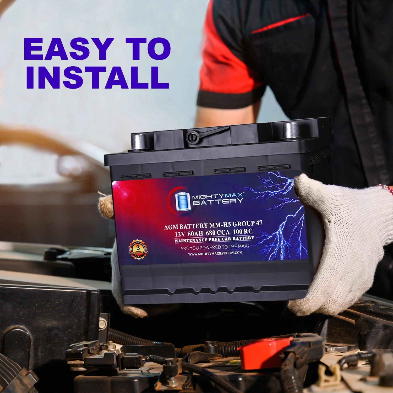 2025 12V 60AH AGM Car Battery, Group 47, 680 CCA, 100RC, Sealed Lead Acid, Rechargeable