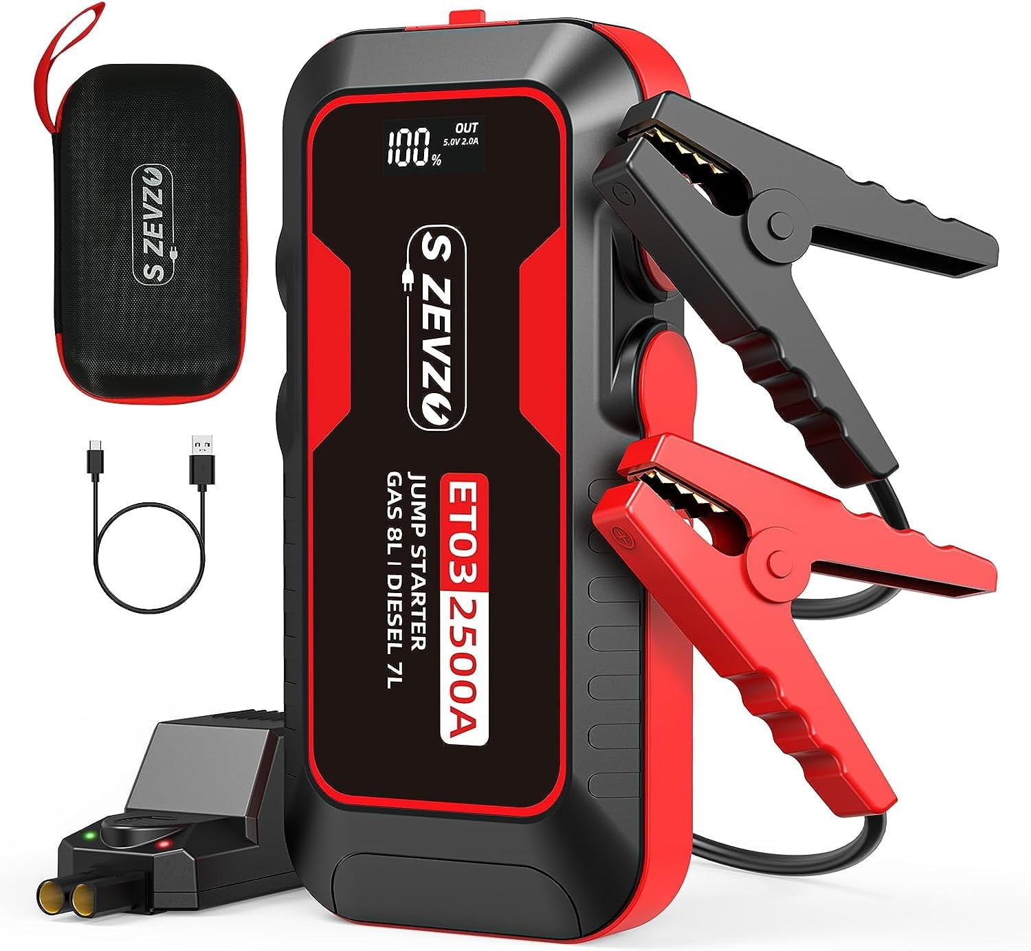 2025 Car Jump Starter 2500A Jump Starter Battery Pack for Up to 8.0L Gas and 7.0L Diesel Engines, 74Wh Portable 12V Jump Box with USB Ports, LCD Display, Storage Case, and LED Light