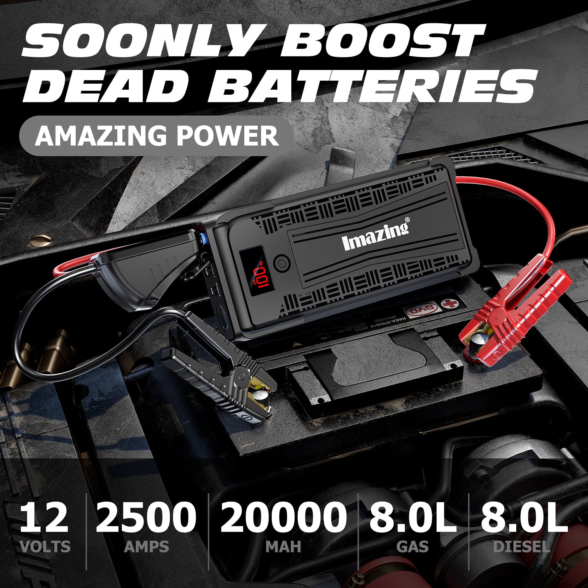 2025 Car Battery Jump Starter – 2500 amps Peak 20000mAH (up to 8L Gas or 8L Diesel Engine) 12V Auto Battery Booster Portable Power Pack