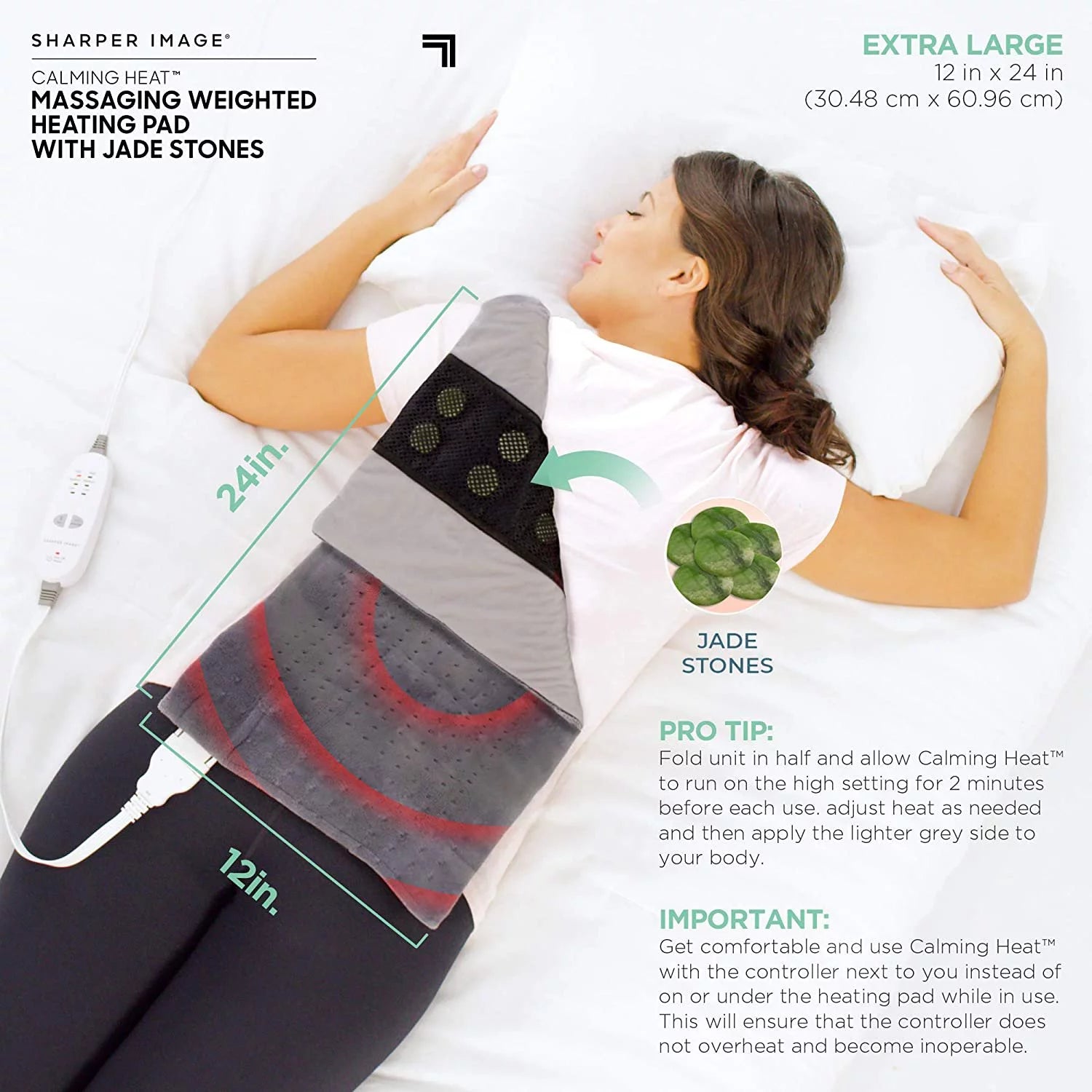2025 Calming Heat Jade Stone Massaging Weighted Heating Pad by Sharper Image- Weighted Electric Heating Pad, Massaging Vibrations, 6 Settings- 3 Heat, 3 Massage- 9 Relaxing Combinations, 12” x 24”, 4 lbs
