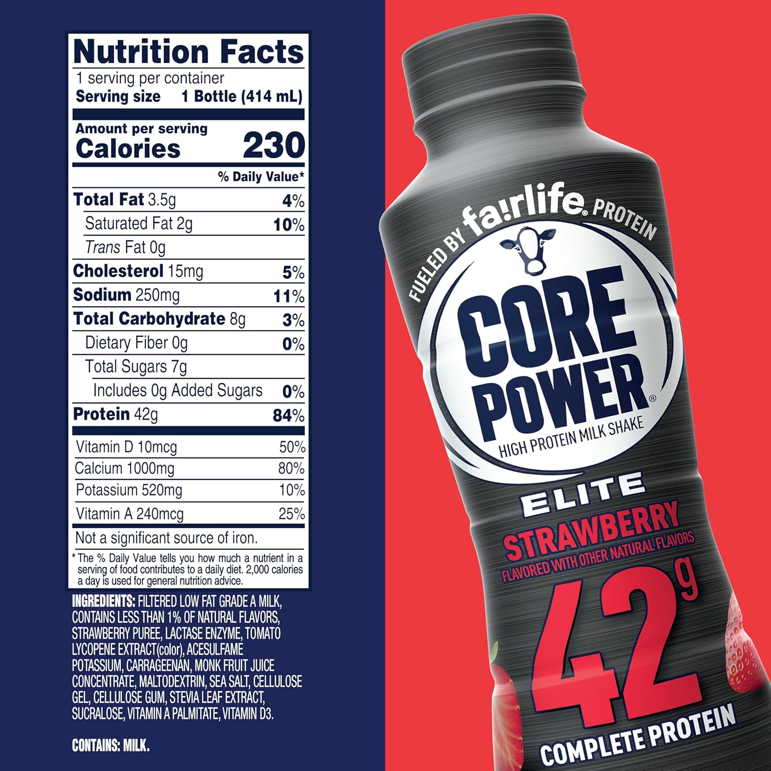 2025 Core Power Elite High Protein Shake, Strawberry, 42g Bottle, 14oz, 12 Pack