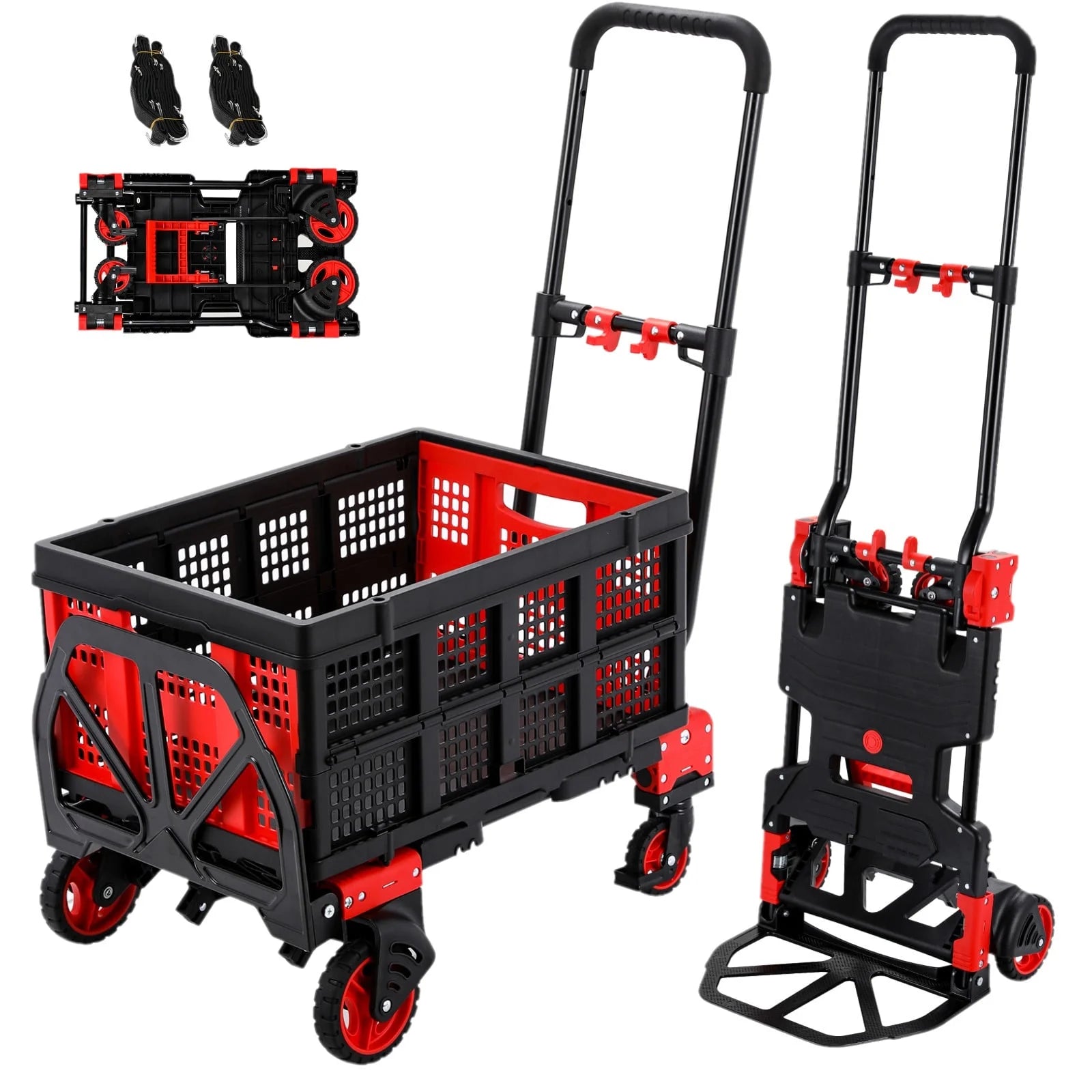 2025 Folding Hand Truck Dolly, 2-in-1 Heavy-duty Platform Cart with 22′′ Folding Basket, Collapsible Utility Luggage Dolly Cart, Red, 330LBS