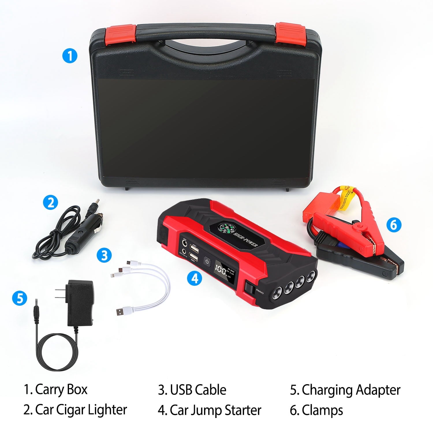 2025 20000mAh Car Battery Jump Starter 1000A Battery Charger with Safe Smart Clamps LED Flashlight