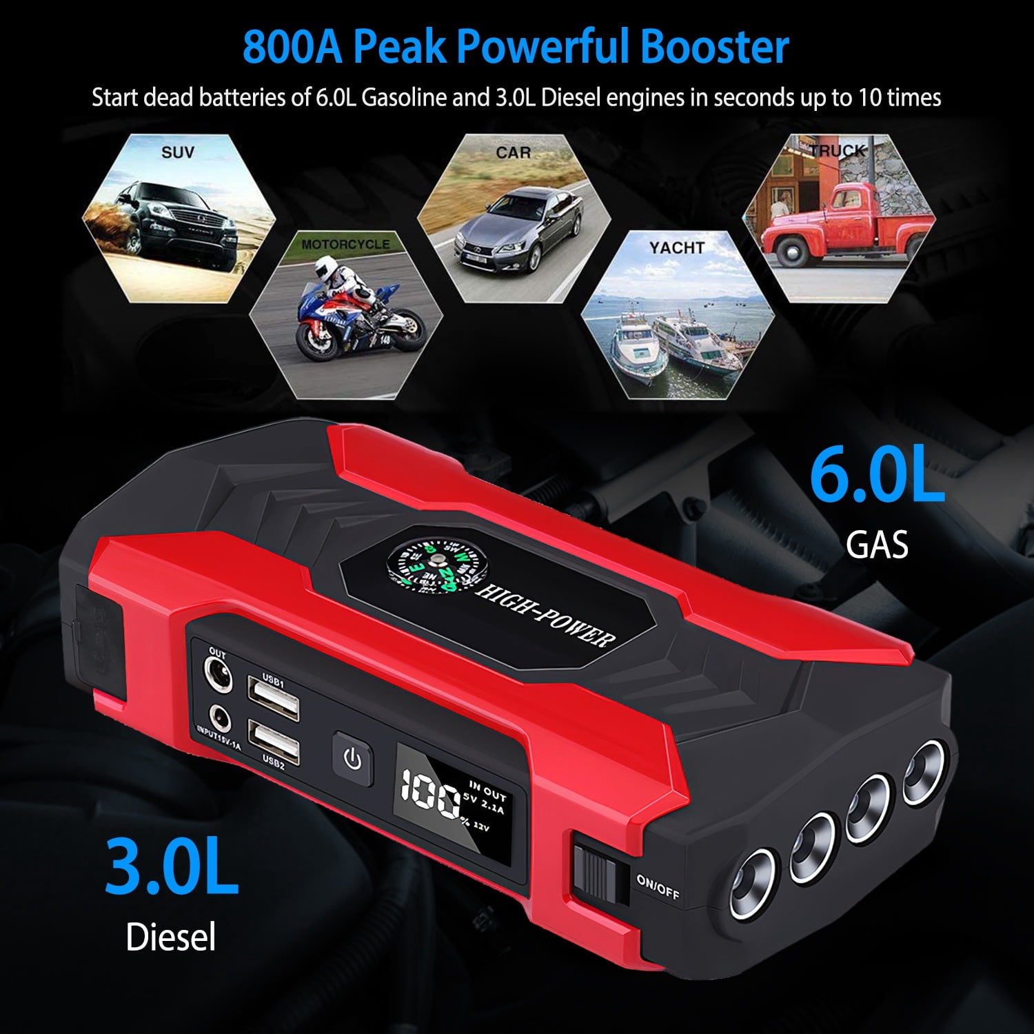 2025 20000mAh Car Battery Jump Starter 1000A Battery Charger with Safe Smart Clamps LED Flashlight