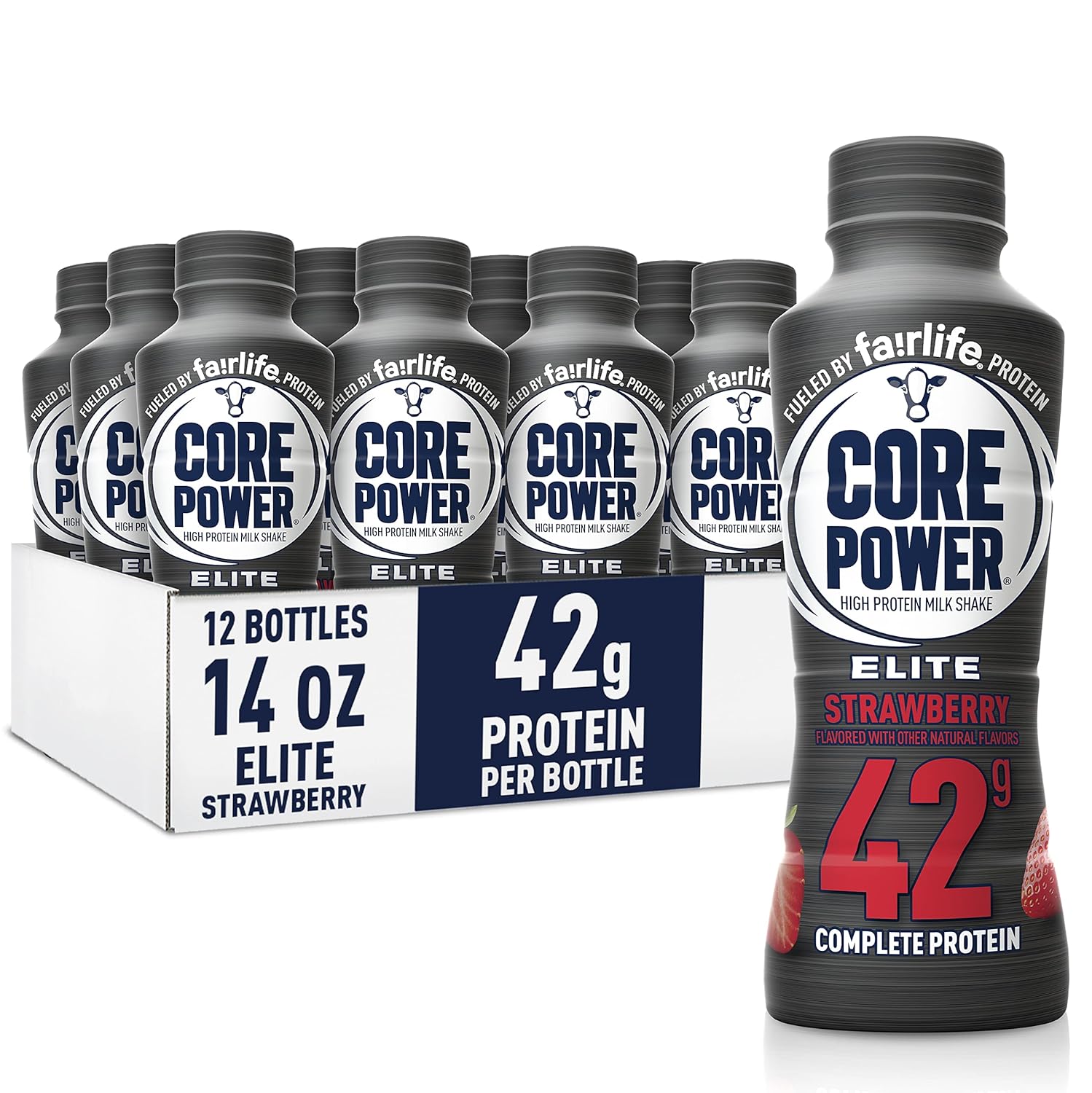 2025 Core Power Elite High Protein Shake, Strawberry, 42g Bottle, 14oz, 12 Pack