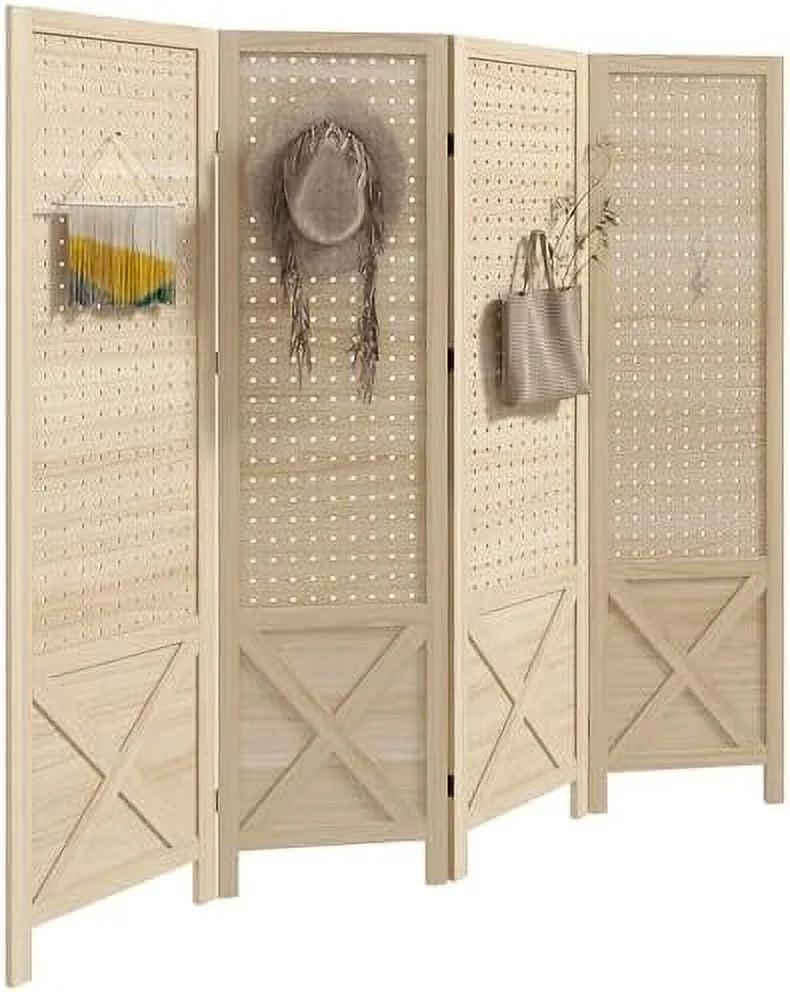 2025 4 Panel Pegboard Display Room Divider 4.7′ Tall Wood Indoor Portable Folding Privacy Screen Partition Wall Divider for Home Office Natural