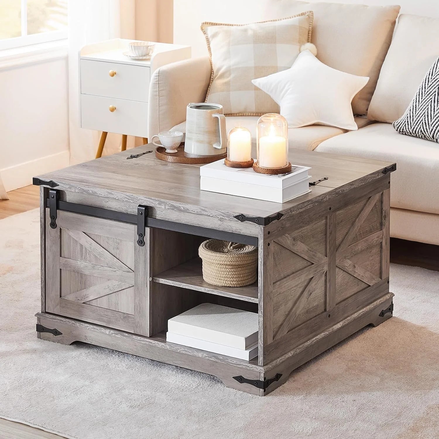2025 Farmhouse Coffee Table for Living Room with Single Sliding Barn Door Lift Top and Hidden Space Gray BG80KF01