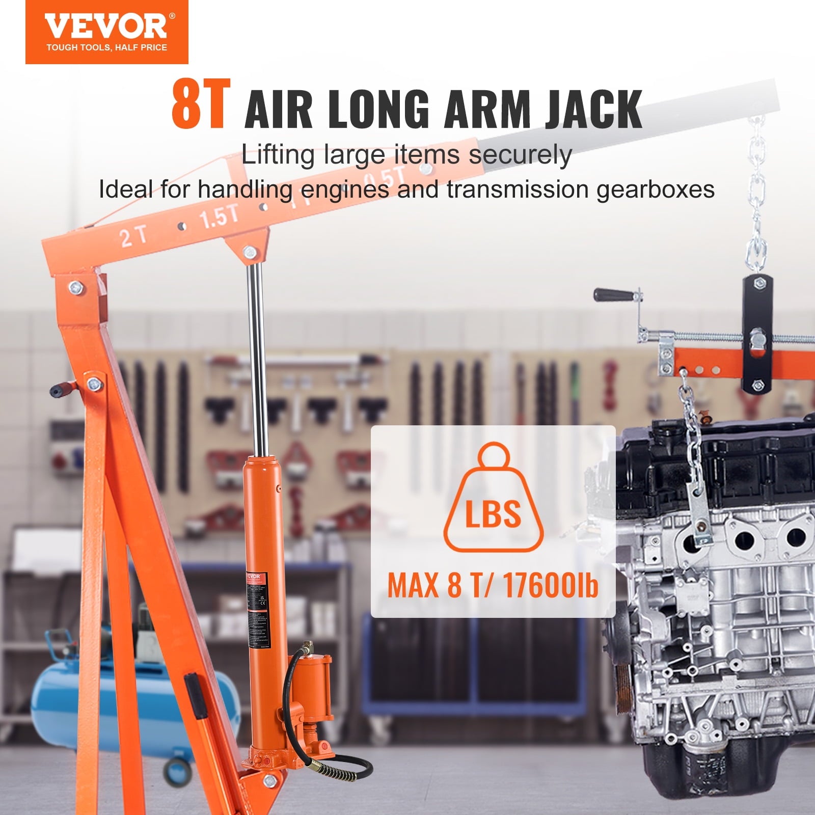2025 Hydraulic Long Ram Jack, 8 Ton Engine Hoist Cylinder with Air Pump and Single Piston Pump, Hydraulic Ram Cylinder Clevis Base for Engine Lift Hoists, Garage/Shop Cranes, Mechanical, Farm