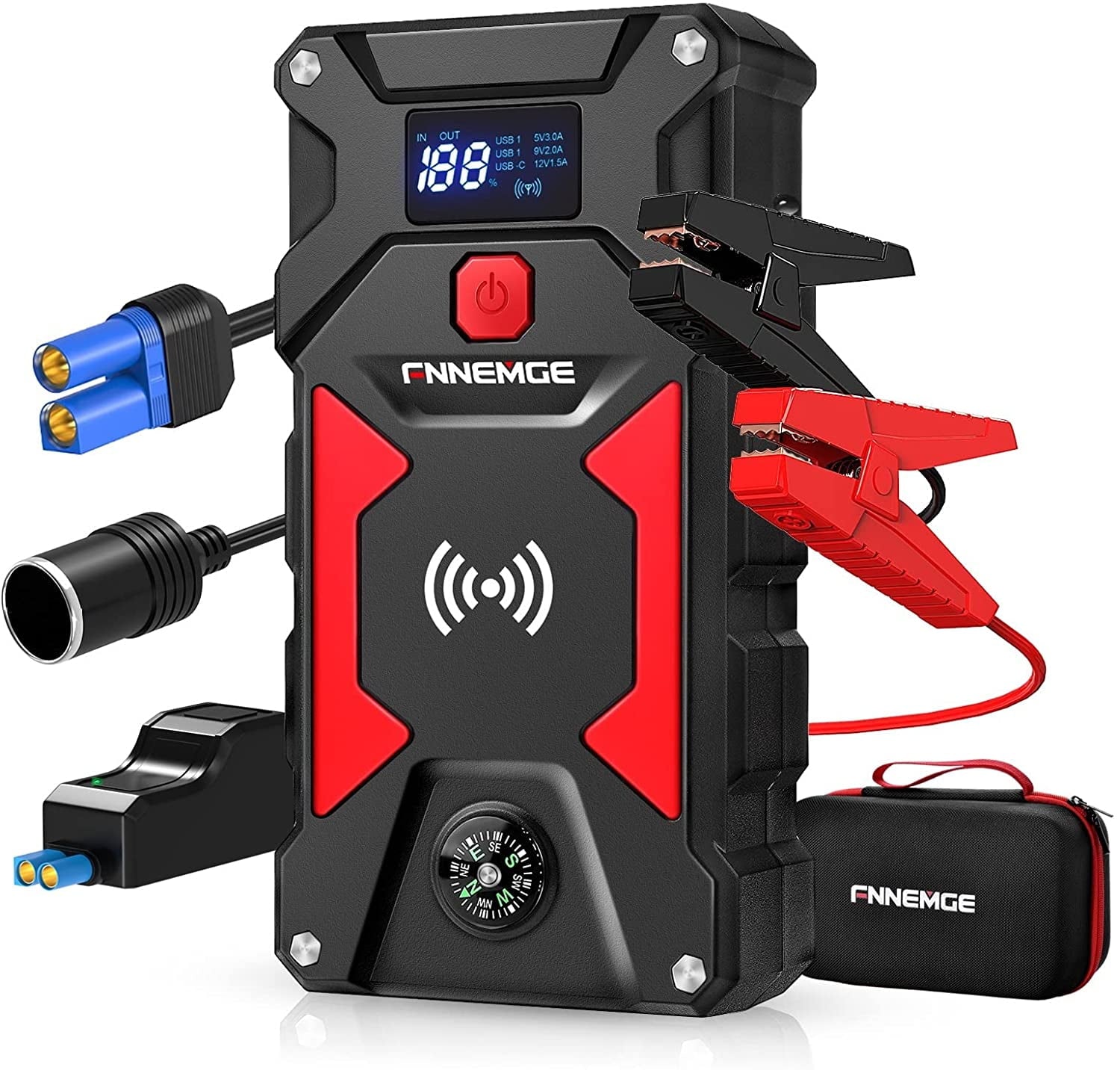 2025 Car Jump Starter 2500A Peak 24800mAh (Up to All Gas, 8.0L Diesel Engine), with 10W Wireless Charger Power Bank, 12V Auto Battery Booster with Smart Jumper Cable, USB Quick Charge 3.0