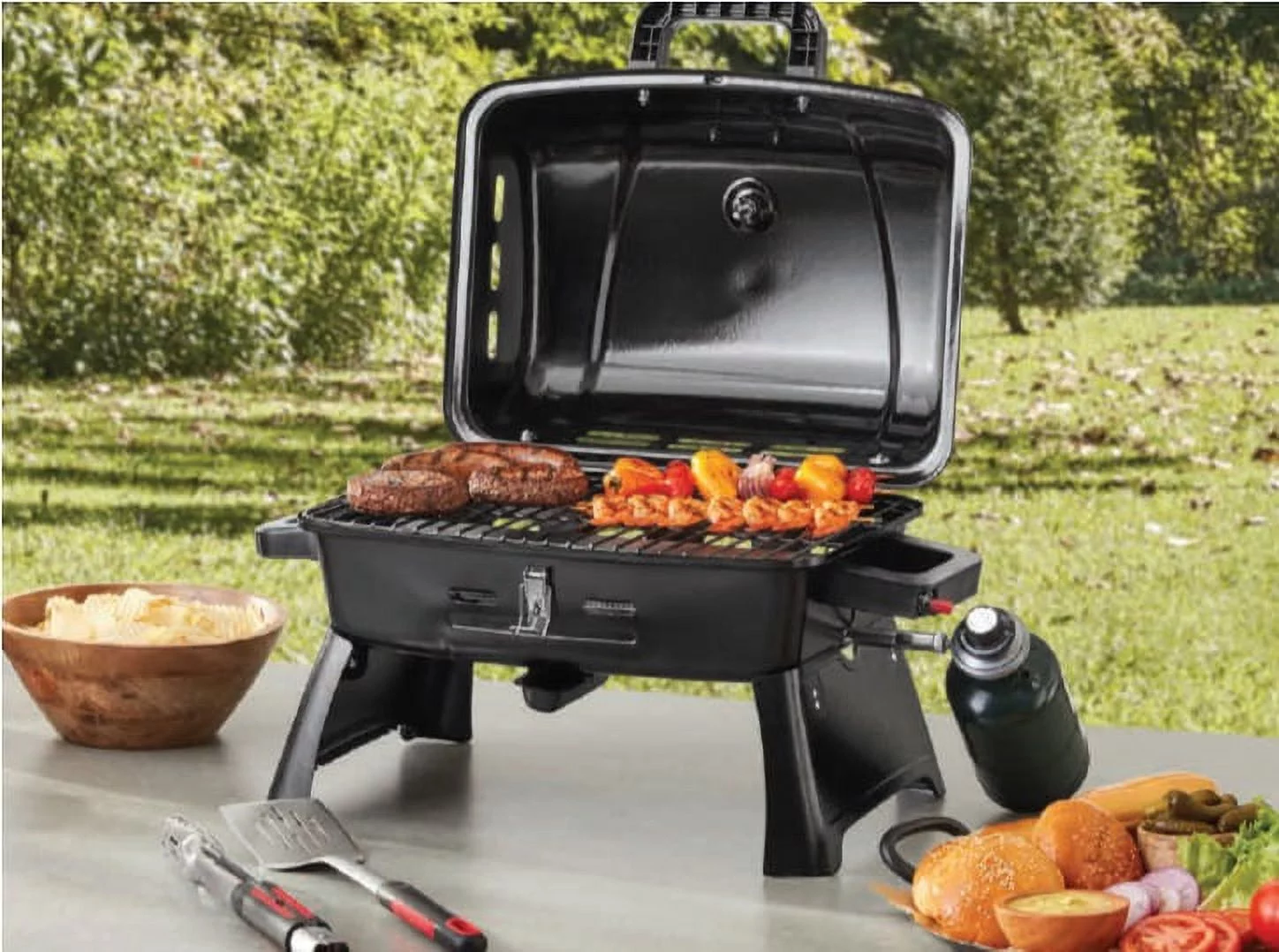 2025 Trail Portable Propane Grill with Griddle Plate, 10,000 BTU Burner, Enameled Steel, Black
