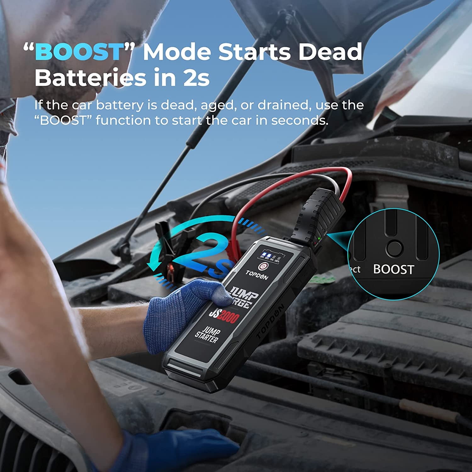 2025 Car Jump Starter, TOPDON JS2000 16000mAh 2000A Peak Portable Car Battery Booster for Up to 8L Gas/6L Diesel Engines