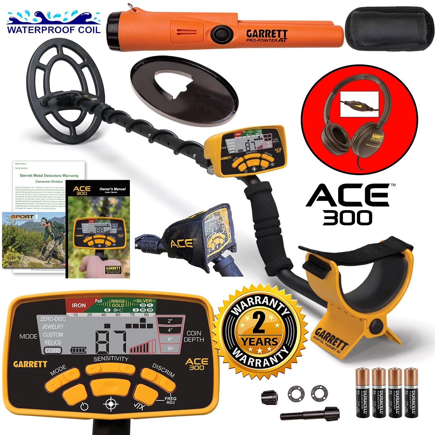 2025 300 Metal Detector with 7′′x10′′ Waterproof Coil, Pro-Pointer AT, and Headphones