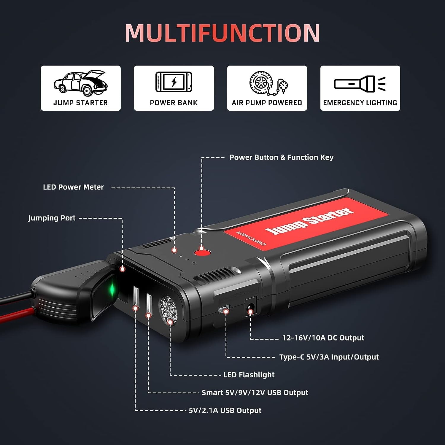 2025 Car Jump Starter – 2500A Peak, 21800mAh Battery, Quick Charge, 12V Portable Booster for 8.0L Gas/6.5L Diesel Engines,Black Red