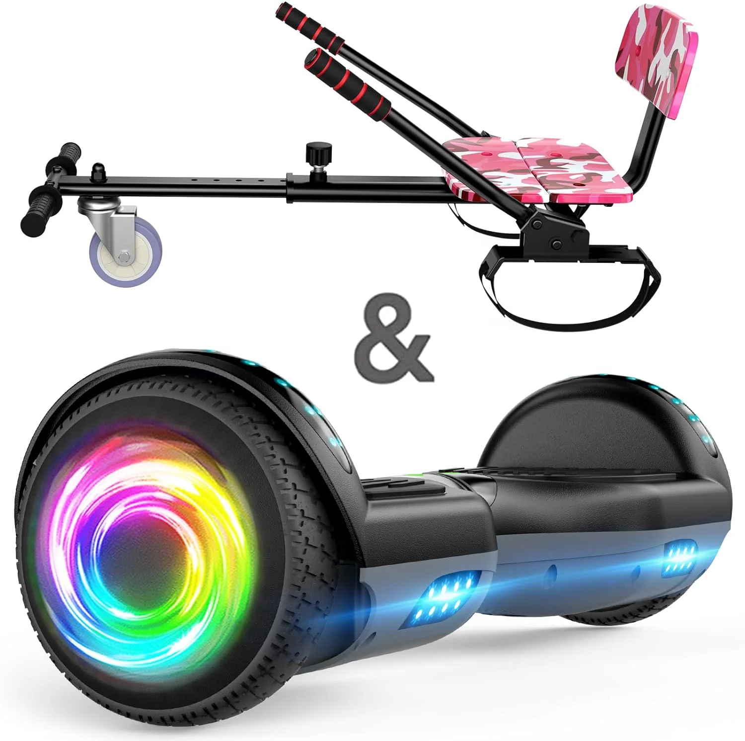 2025 Electric Hoverboard & Go-Kart Combo, 6.5′′ Wheels, LED Lights, Adjustable for Kids & Adults