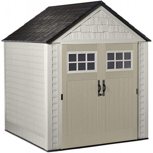 2025 7×7 Ft Durable Weather Resistant Resin Outdoor Garden Storage Shed with Windows and Utility Hooks, Sand