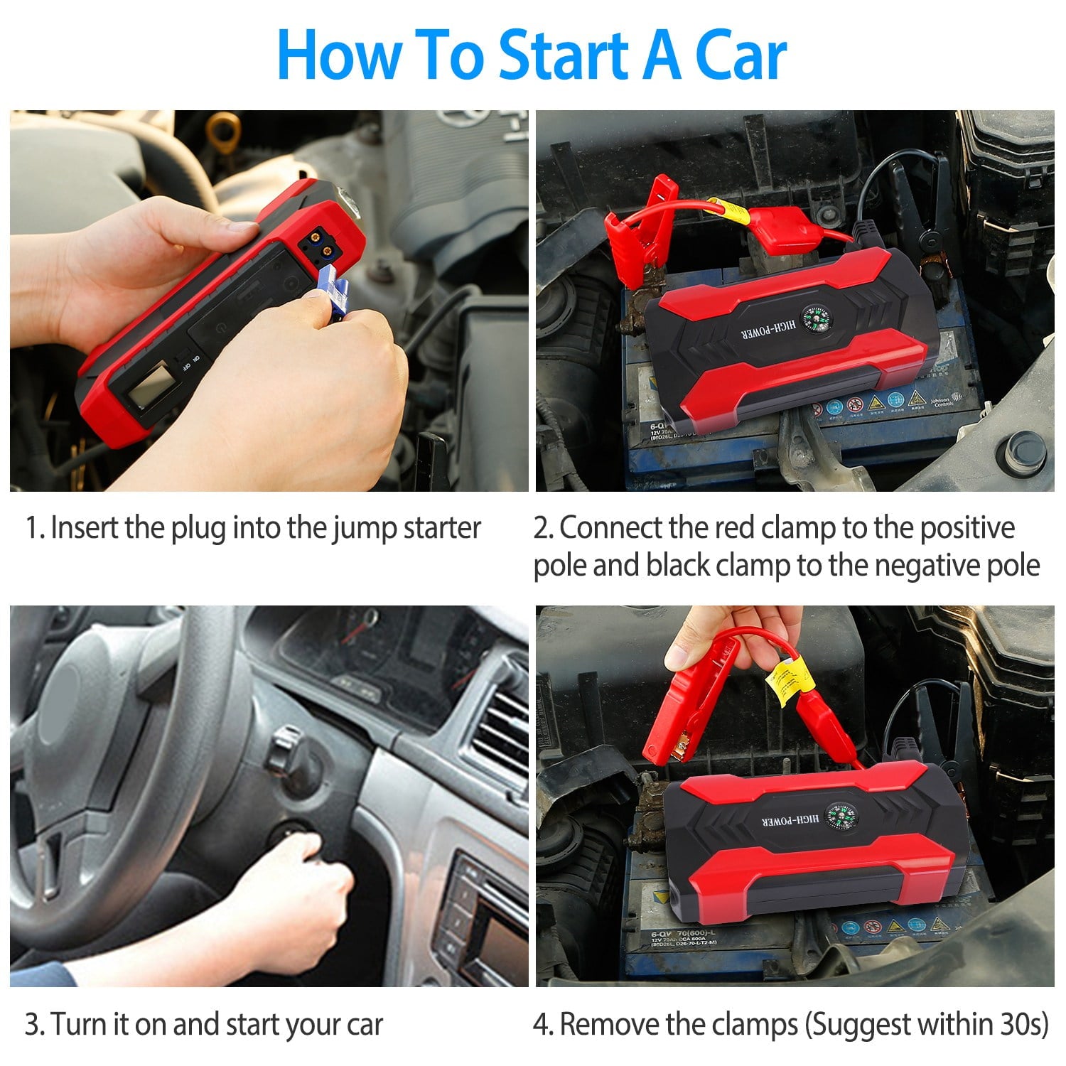 2025 20000mAh Car Battery Jump Starter 1000A Battery Charger with Safe Smart Clamps LED Flashlight
