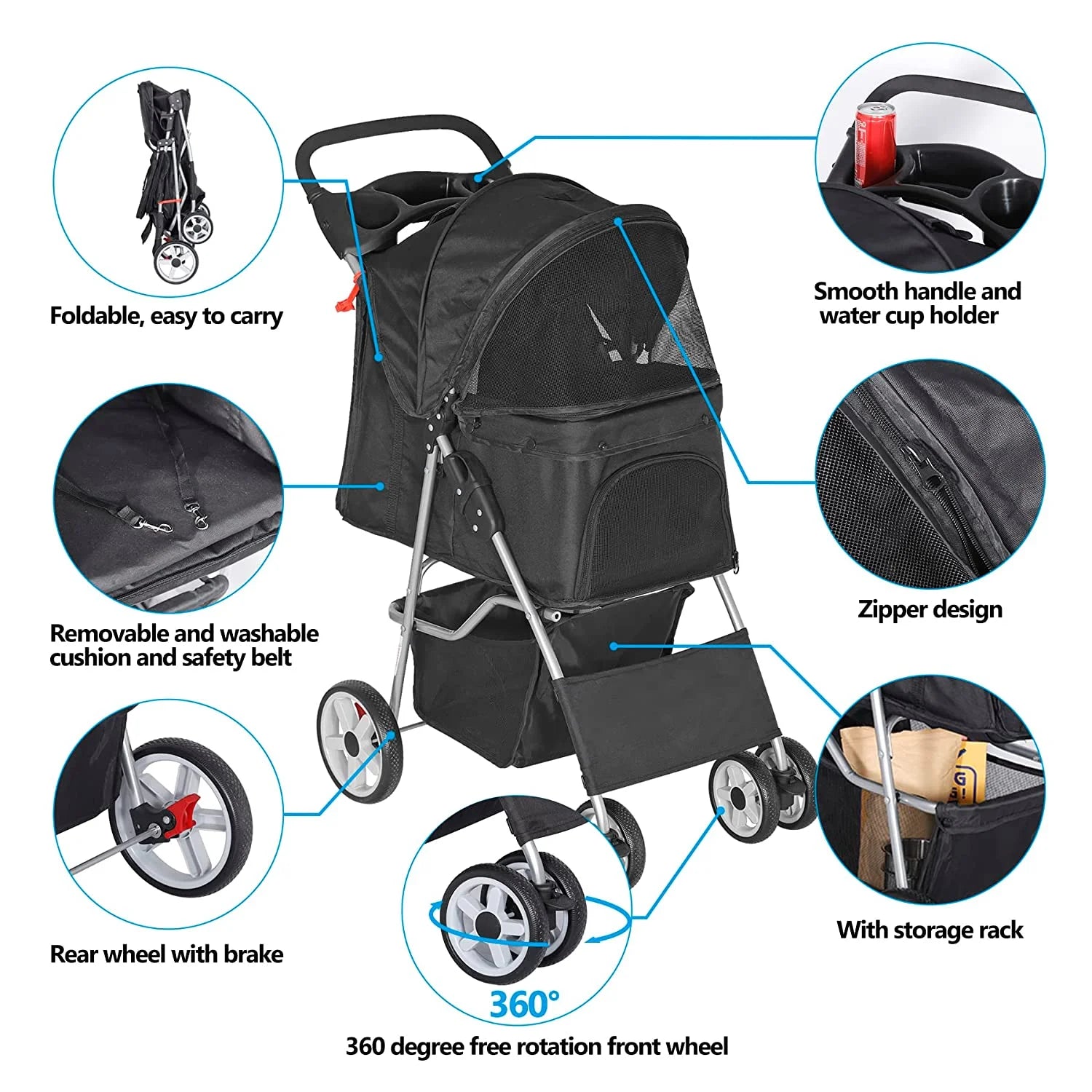 2025 Foldable Pet Stroller, Cat/Dog Stroller with 4 Wheel, Pet Travel Carrier Strolling Cart with Storage Basket, Cup Holder, Black