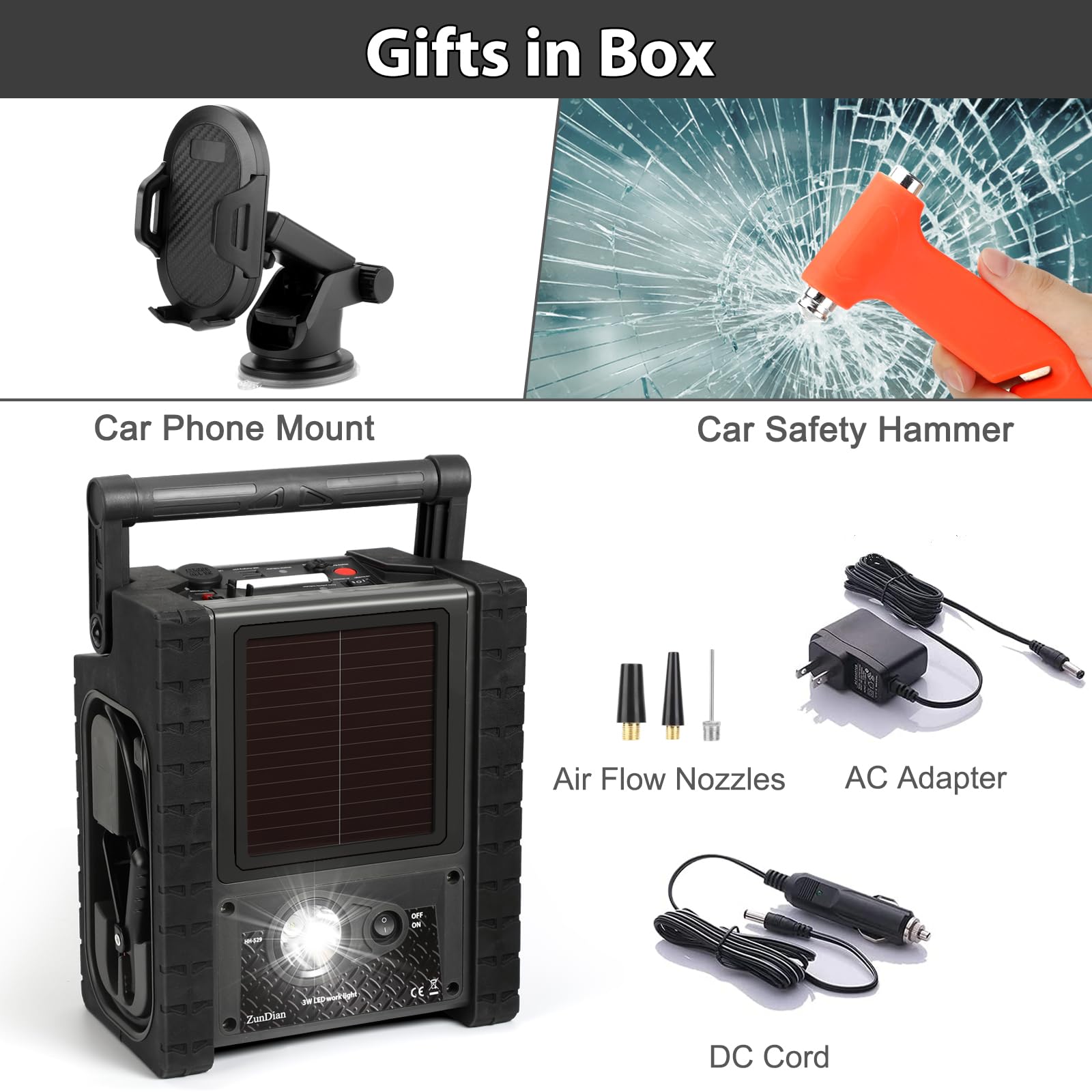 2025 ZD-529 Solar Portable Power Station, 22000mAh Jump Starter & 260 PSI Air Compressor with 400W Inverter, AC/DC/USB Outputs