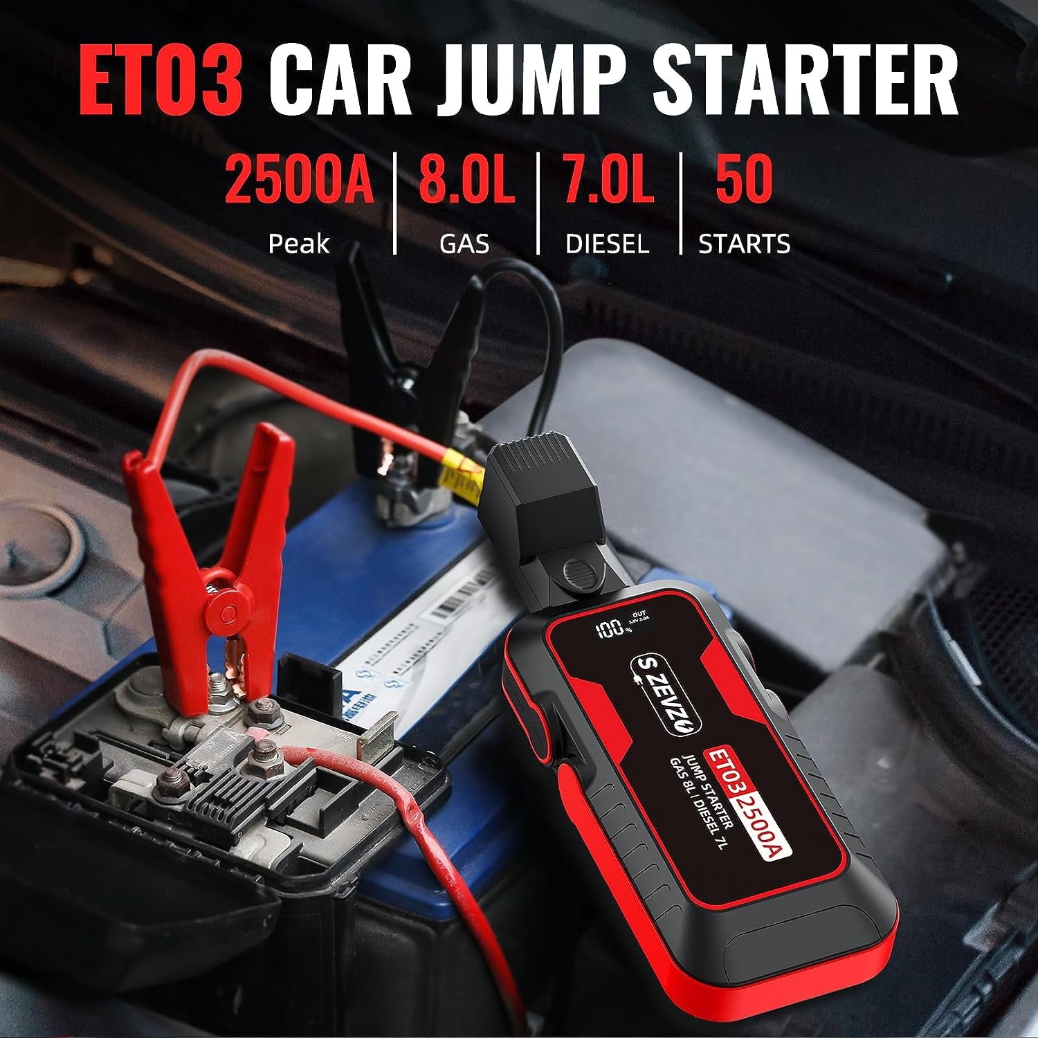 2025 Car Jump Starter 2500A Jump Starter Battery Pack for Up to 8.0L Gas and 7.0L Diesel Engines, 74Wh Portable 12V Jump Box with USB Ports, LCD Display, Storage Case, and LED Light