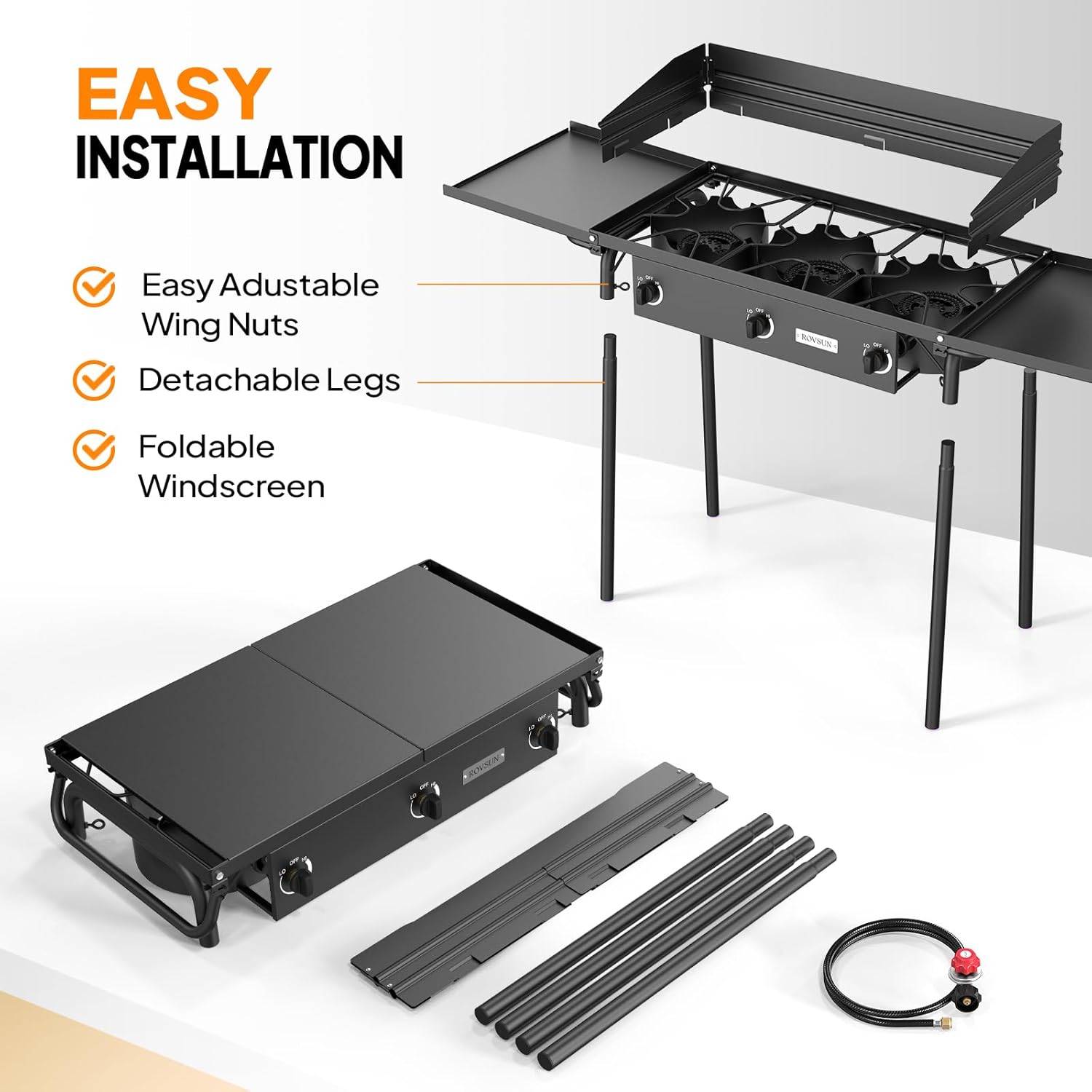2025 3 Burner Gas Stove with 2 Side Shelves with Removable Leg Wind Panel Regulator