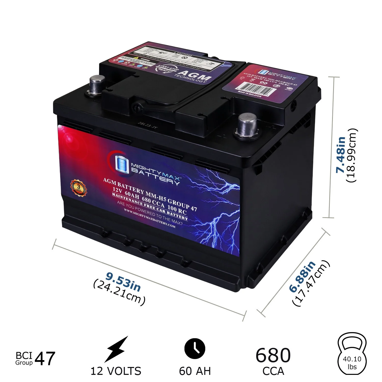 2025 12V 60AH AGM Car Battery, Group 47, 680 CCA, 100RC, Sealed Lead Acid, Rechargeable