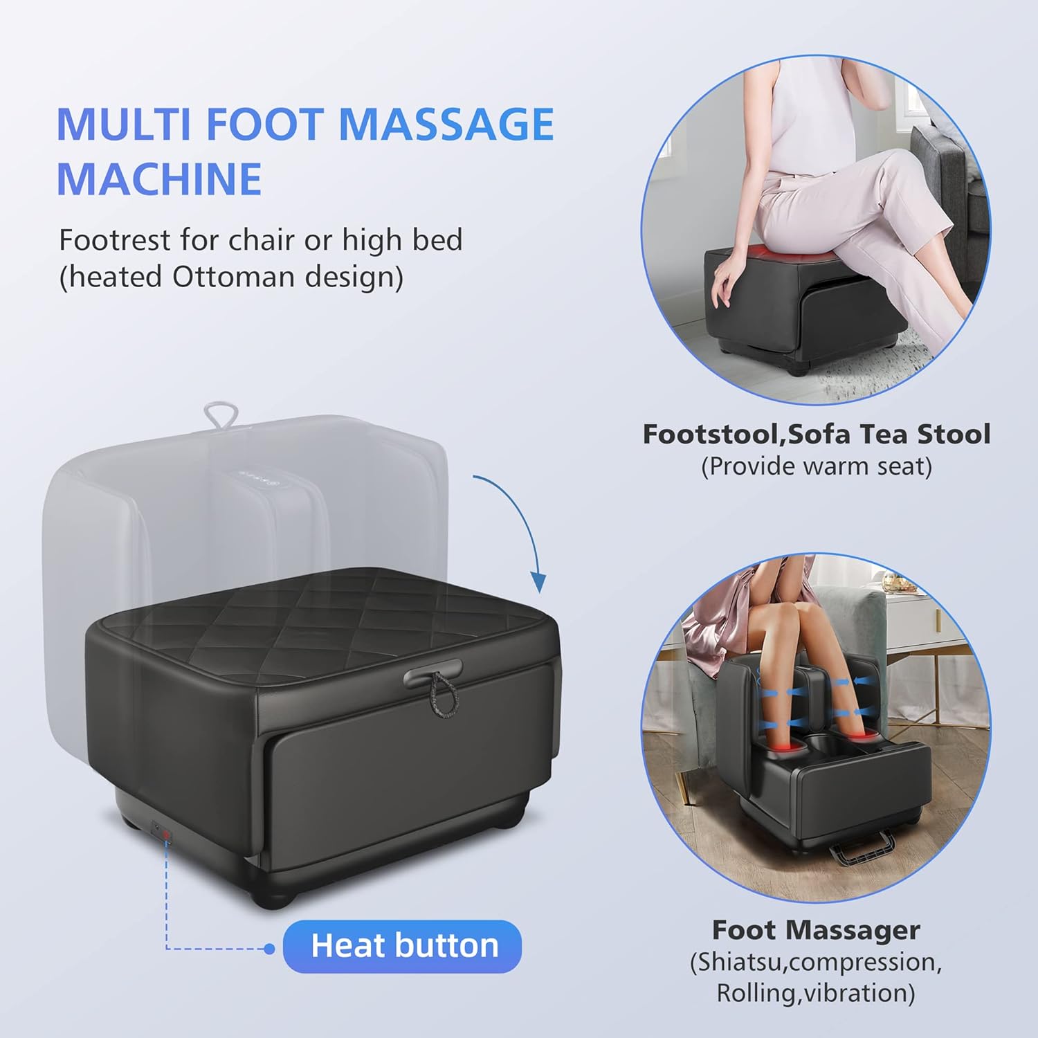 2025 2 in 1 Foot Massager Machine & Ottoman Rest with Heat Kneading Vibration Compression