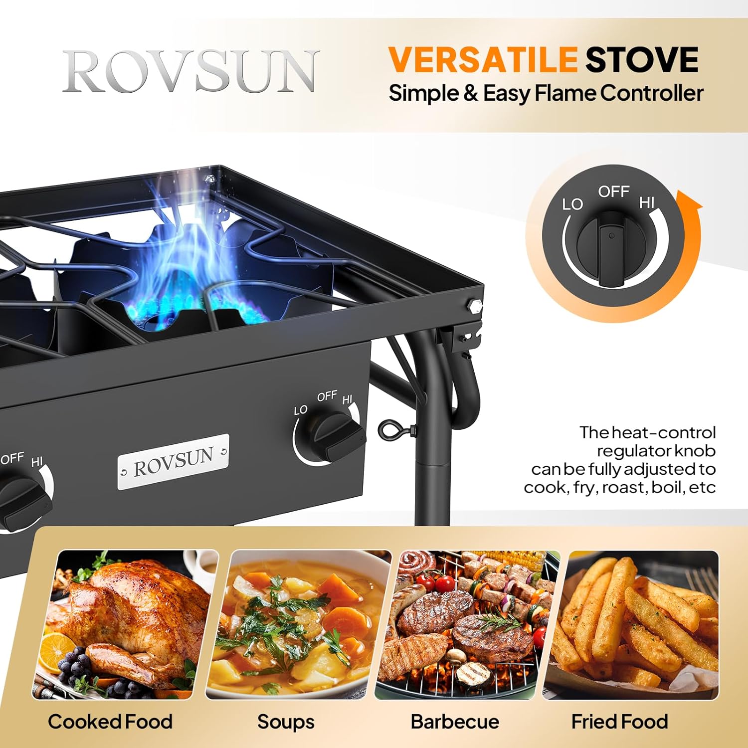 2025 3 Burner Gas Stove with 2 Side Shelves with Removable Leg Wind Panel Regulator