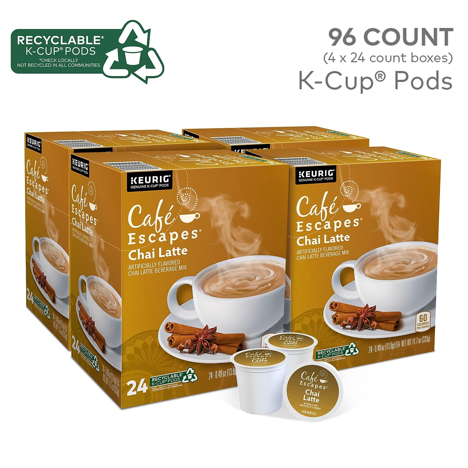 2025 Cafe Escapes Chai Latte Keurig Single-Serve K-Cup Pods, 96 Count (4 Packs of 24)