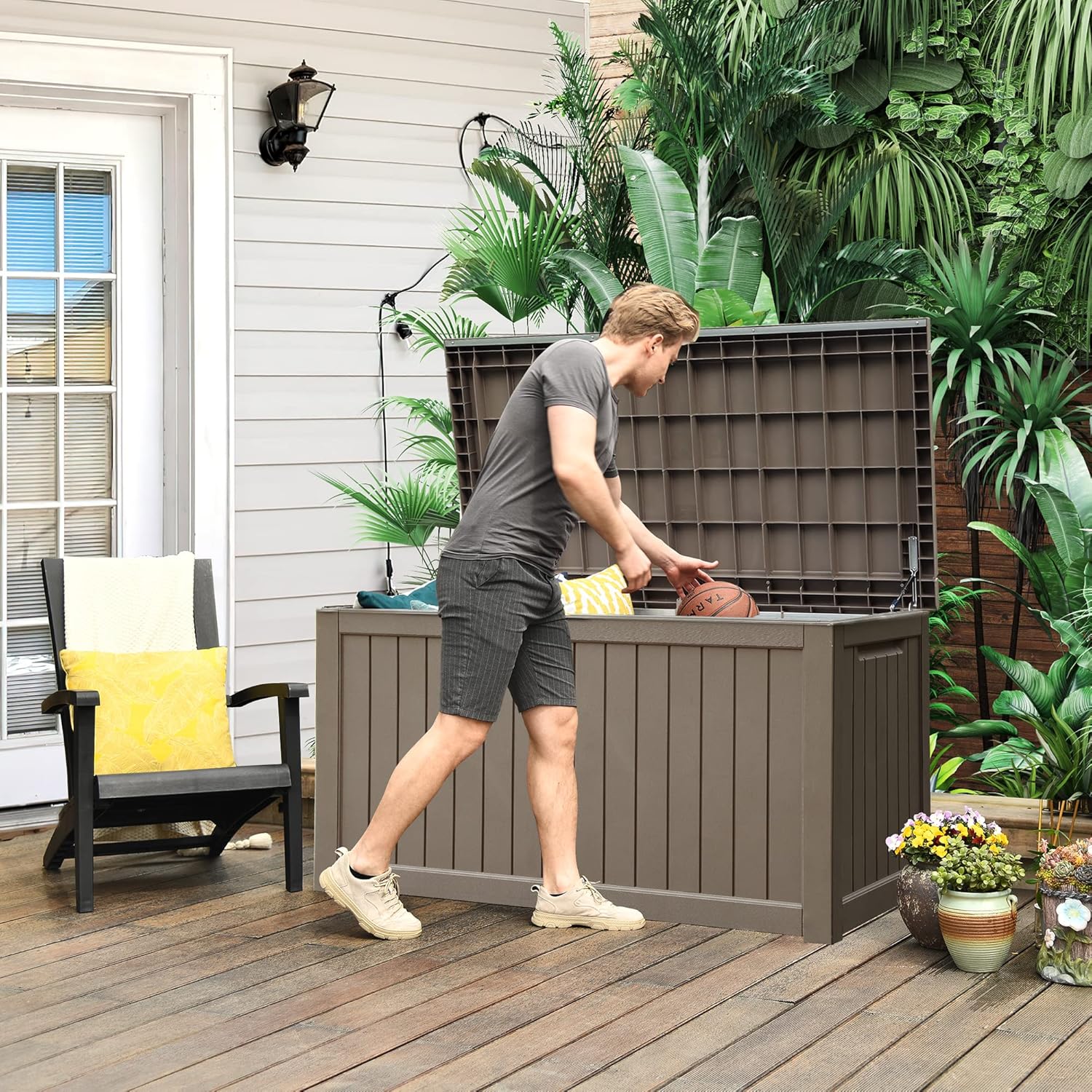 2025 XXL 230 Gallon Lockable Outdoor Storage Deck Box, Resin, Grayish-White, for Patio Furniture & Garden Tools