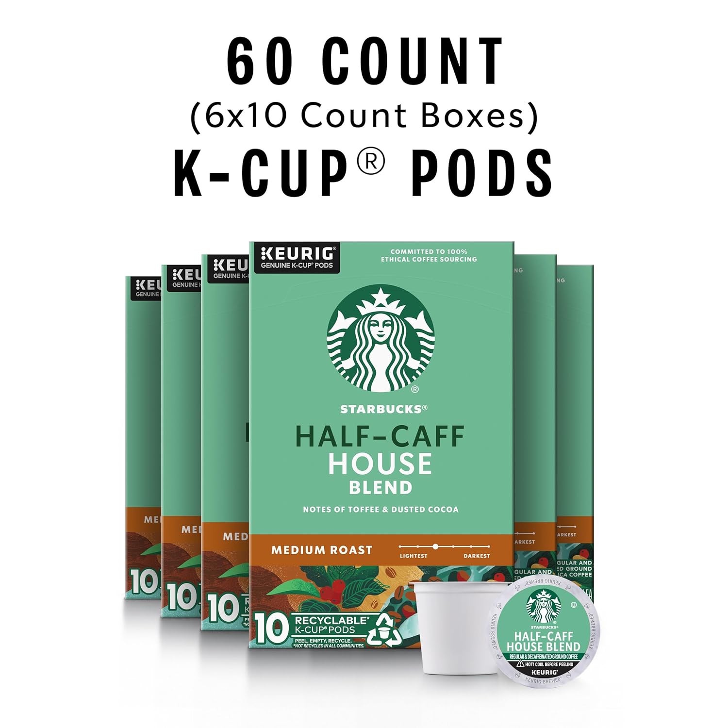 2025 K-Cup Coffee Pods, Medium Roast Coffee, Half-Caff House Blend For Keurig Brewers, 6 Boxes (60 Pods Total)