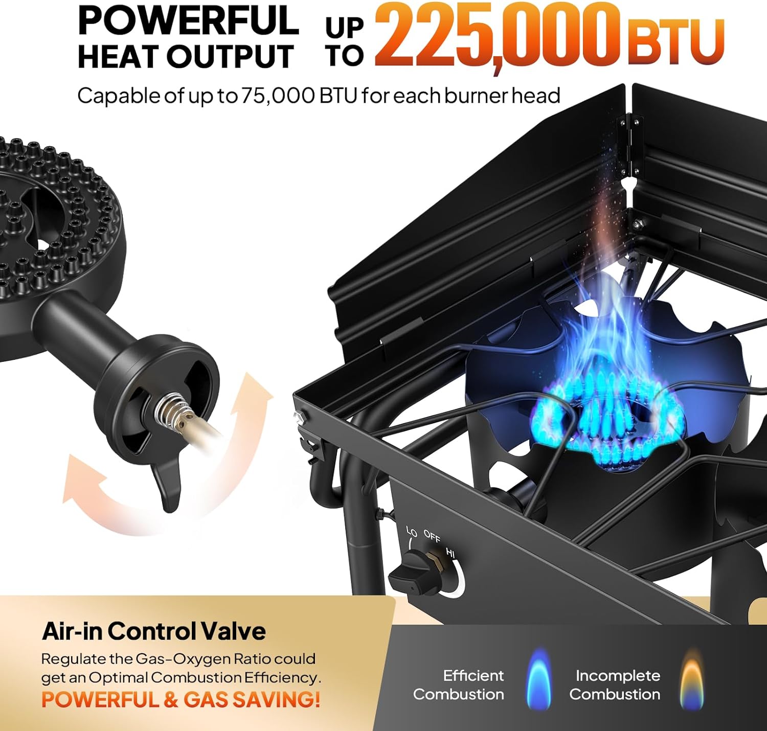 2025 3 Burner Gas Stove with 2 Side Shelves with Removable Leg Wind Panel Regulator