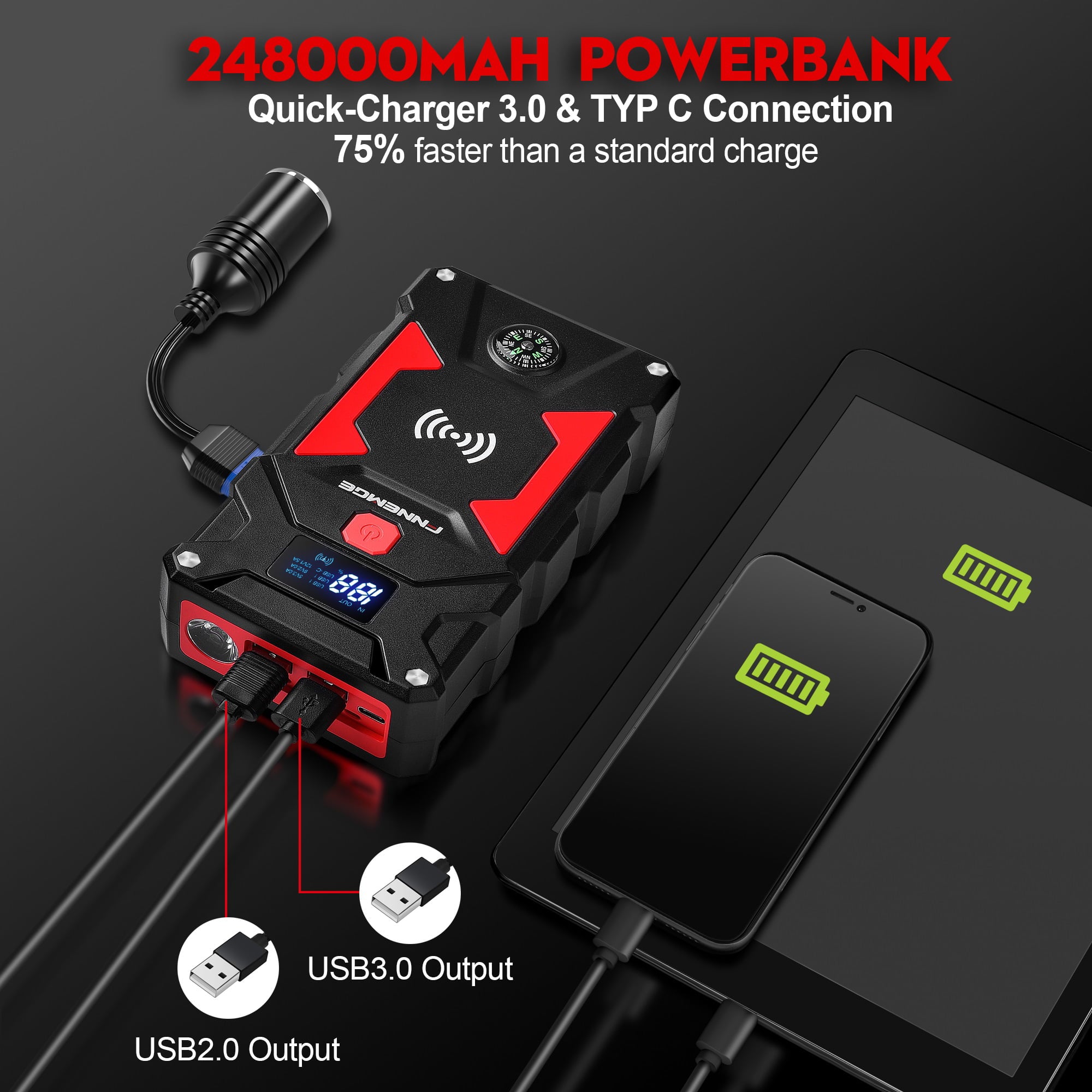 2025 Car Jump Starter 2500A Peak 24800mAh (Up to All Gas, 8.0L Diesel Engine), with 10W Wireless Charger Power Bank, 12V Auto Battery Booster with Smart Jumper Cable, USB Quick Charge 3.0