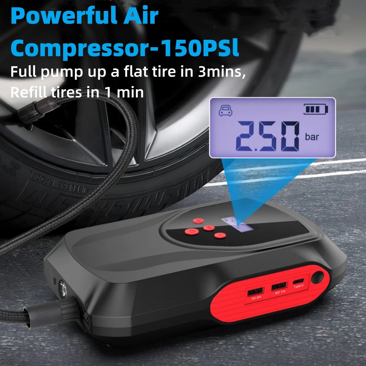 2025 Car Jump Starter with Air Compressor, 2000A 12-Volt Jumper Cables Jump Starter Box Car Battery Booster Pack (Up to 6-Liter Gasoline and 3-Liter Diesel Engines) Digital Screen