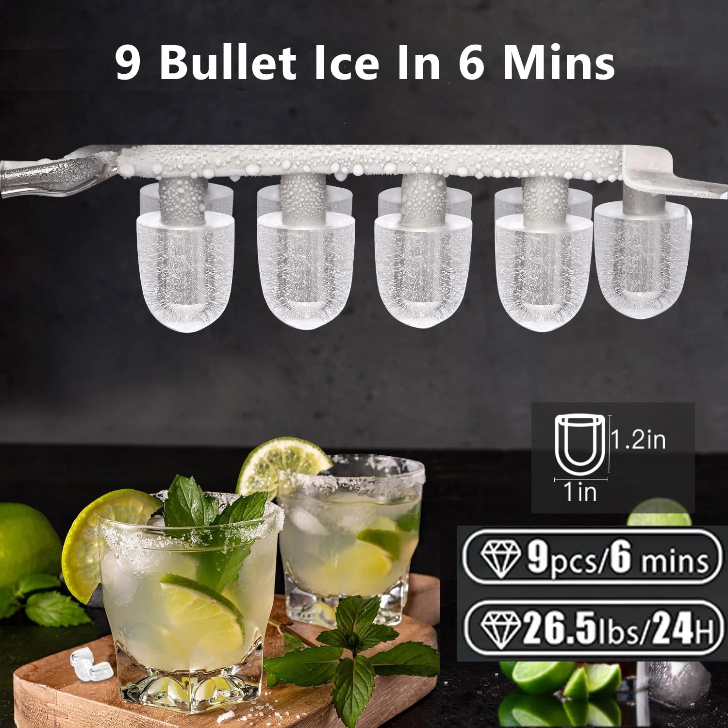 2025 Bullet Ice Maker Countertop with Handle,9 Bullet Ice Cubes Ready in 6 Mins,26Lbs/24H, Self-Cleaning Portable Ice Machine with Basket and Scoop, for Home/Kitchen/Camping/RV
