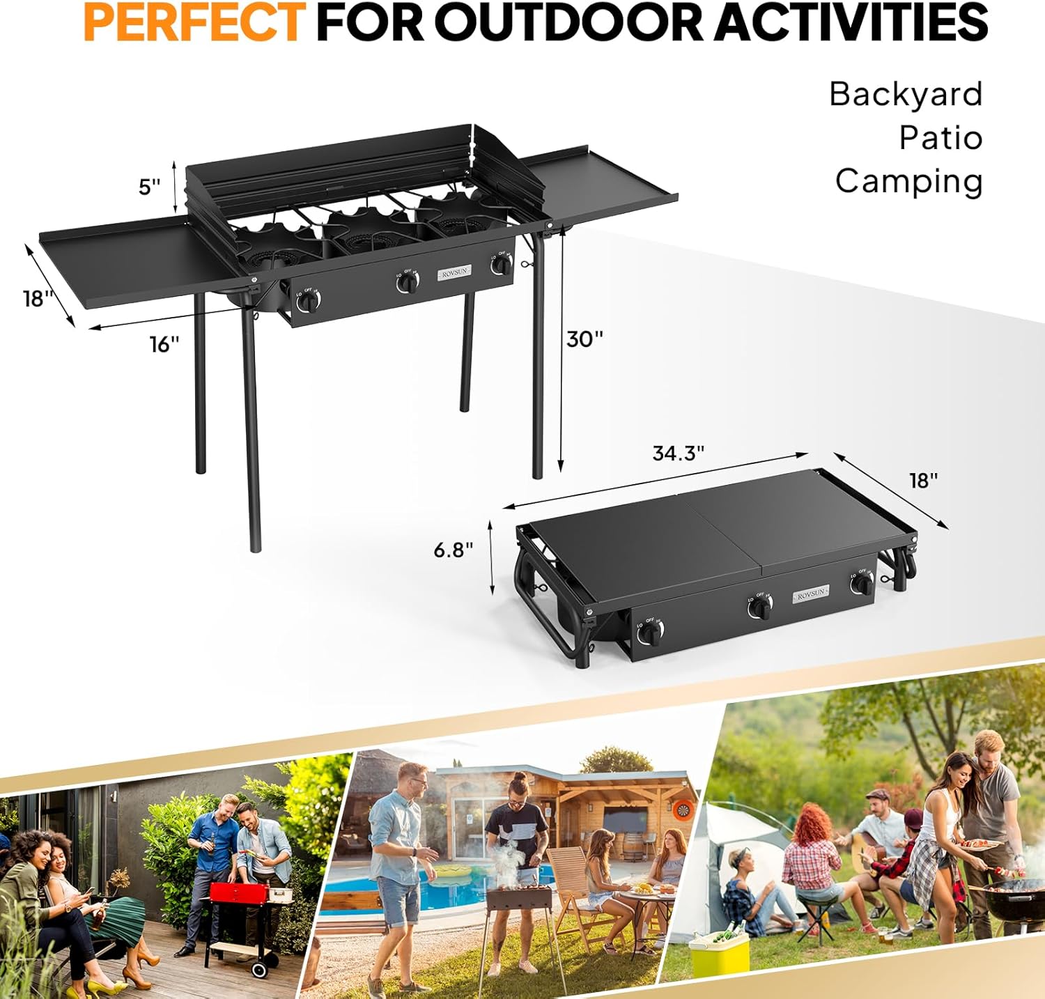 2025 3 Burner Gas Stove with 2 Side Shelves with Removable Leg Wind Panel Regulator