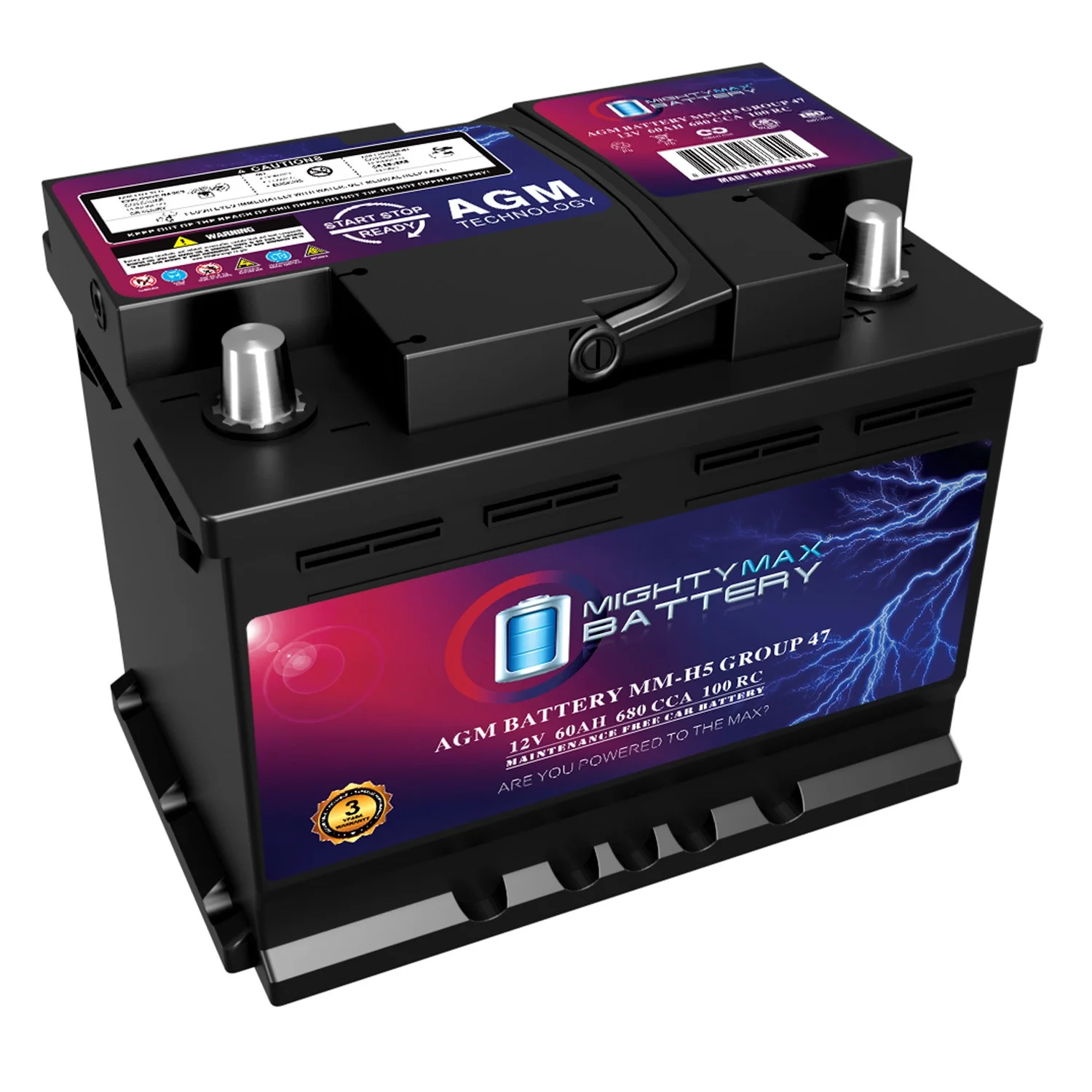 2025 12V 60AH AGM Car Battery, Group 47, 680 CCA, 100RC, Sealed Lead Acid, Rechargeable