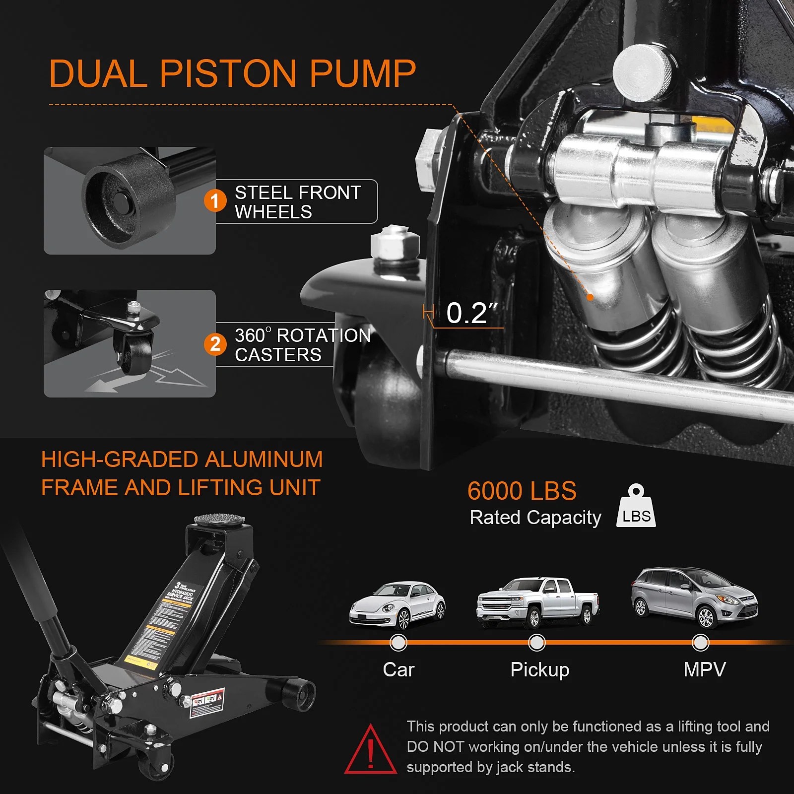 2025 3 Ton Floor Jack Hydraulic Heavy Duty Steel Car Jack with Quick Lift Dual Pump,Black,W8303-B