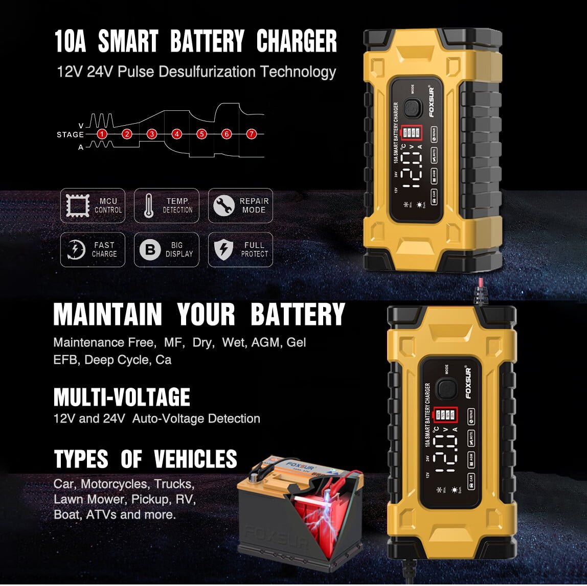 2025 Battery Charger 10A 24V5A Smart Automatic Car Battery Charger with LCD Screen Pulse Repair Charger Pack Battery Maintainer for Car, Lawn Mower, Motorcycle, Boat, SUV and More