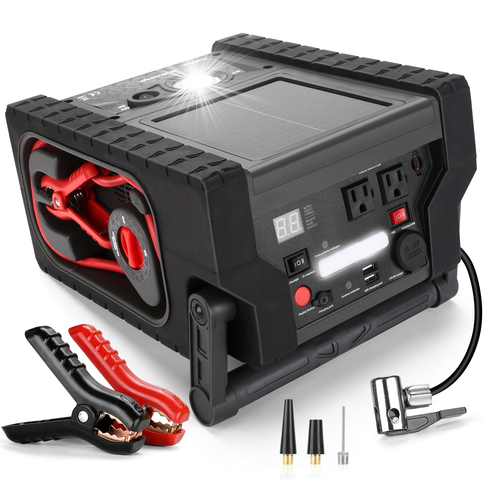 2025 ZD-529 Solar Portable Power Station, 22000mAh Jump Starter & 260 PSI Air Compressor with 400W Inverter, AC/DC/USB Outputs