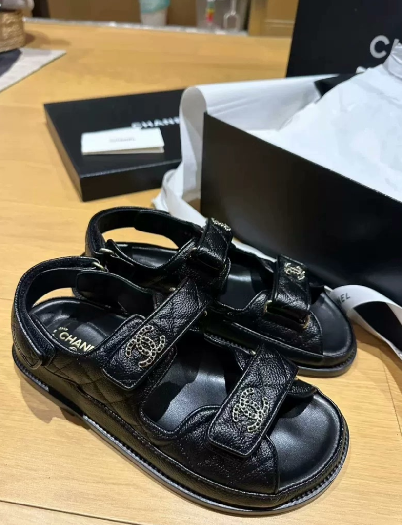 Chanel Sandals   Grained Calfskin  Black - LuxuryEva